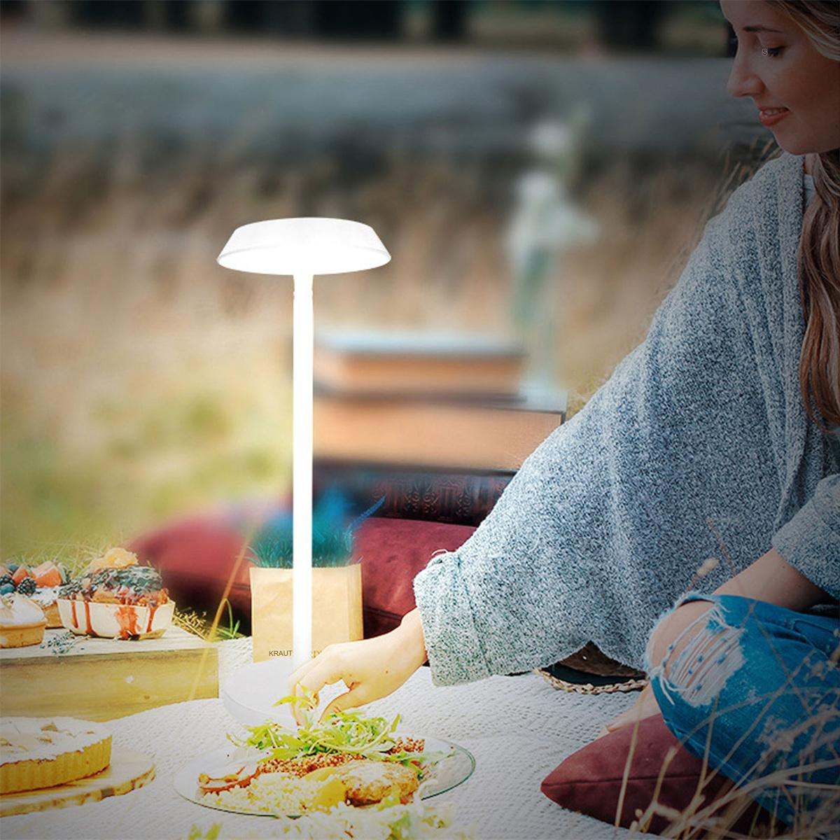 Eine Frau greift nach Essen auf einem Picknicktisch, daneben eine Lampe. Umgebung im Freien.