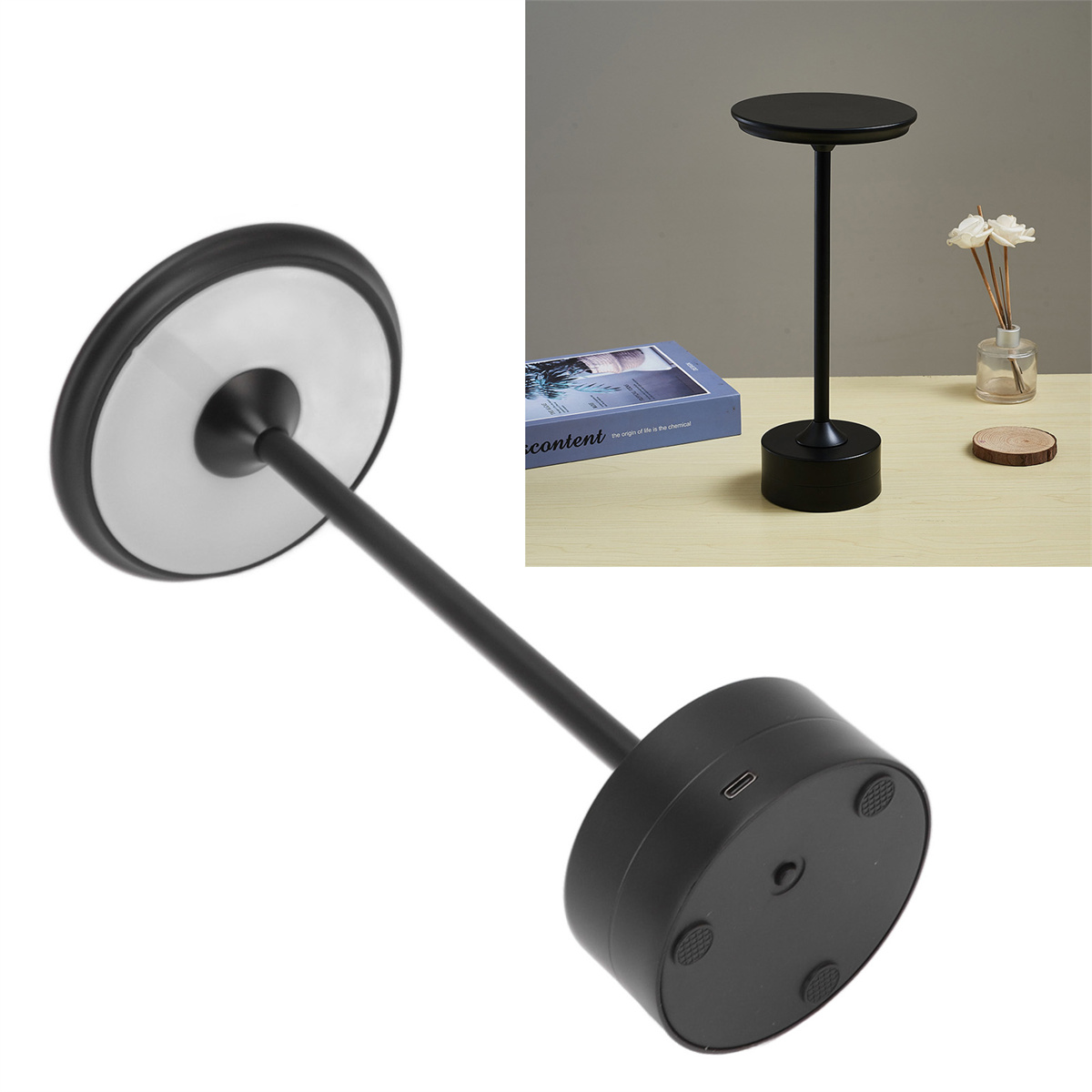 Eine schwarze moderne Lampe auf einem weißen Tisch. Ein anderes Bild zeigt ihren Sockel und den Ladeanschluss.