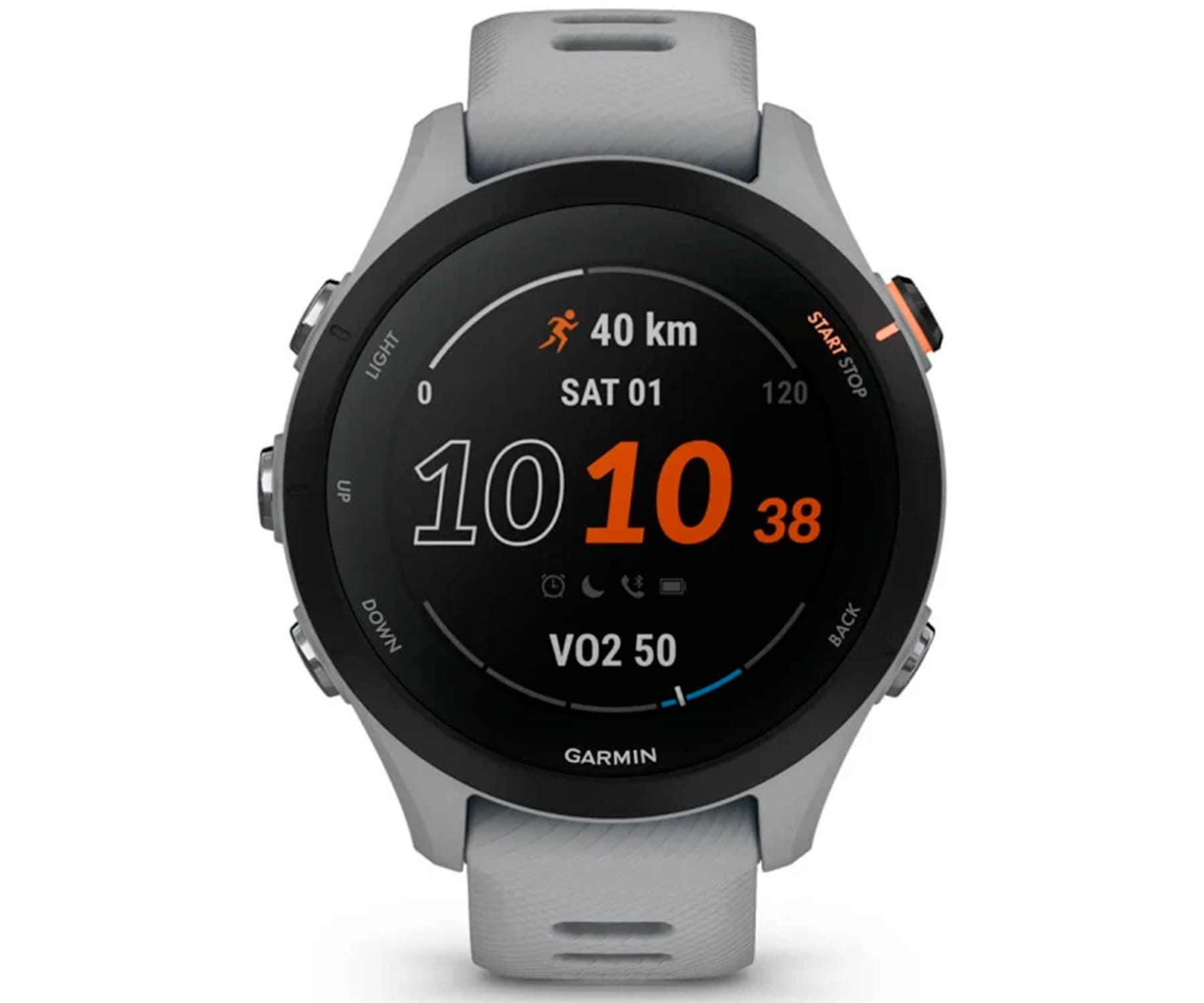 Garmin Smartwatch mit schwarzem Bildschirm, der Zeit, Distanz und andere Laufmetriken anzeigt.