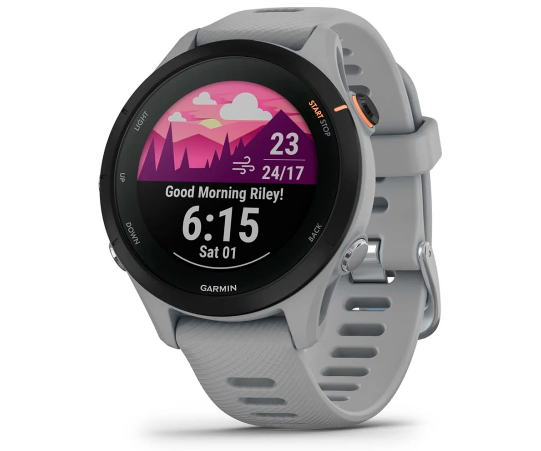 Garmin-Uhr mit rundem Zifferblatt. Die Uhr zeigt Zeit, Datum und Wetterinformationen.