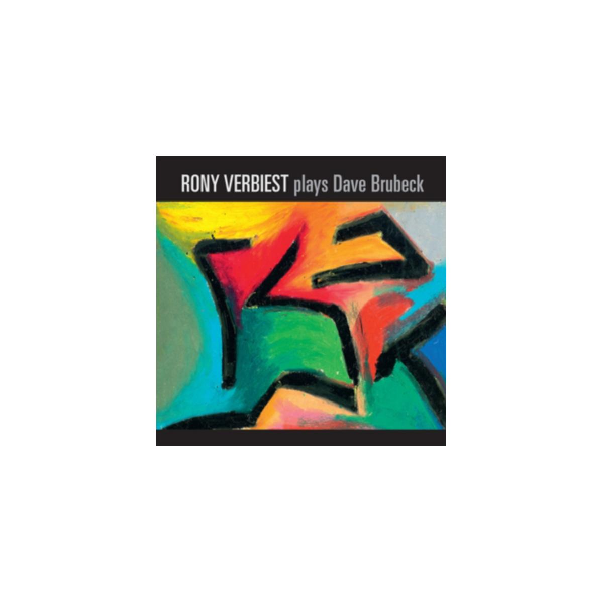 Albumhoes met kleurrijke abstracte kunst en tekst: Rony Verbiest plays Dave Brubeck.