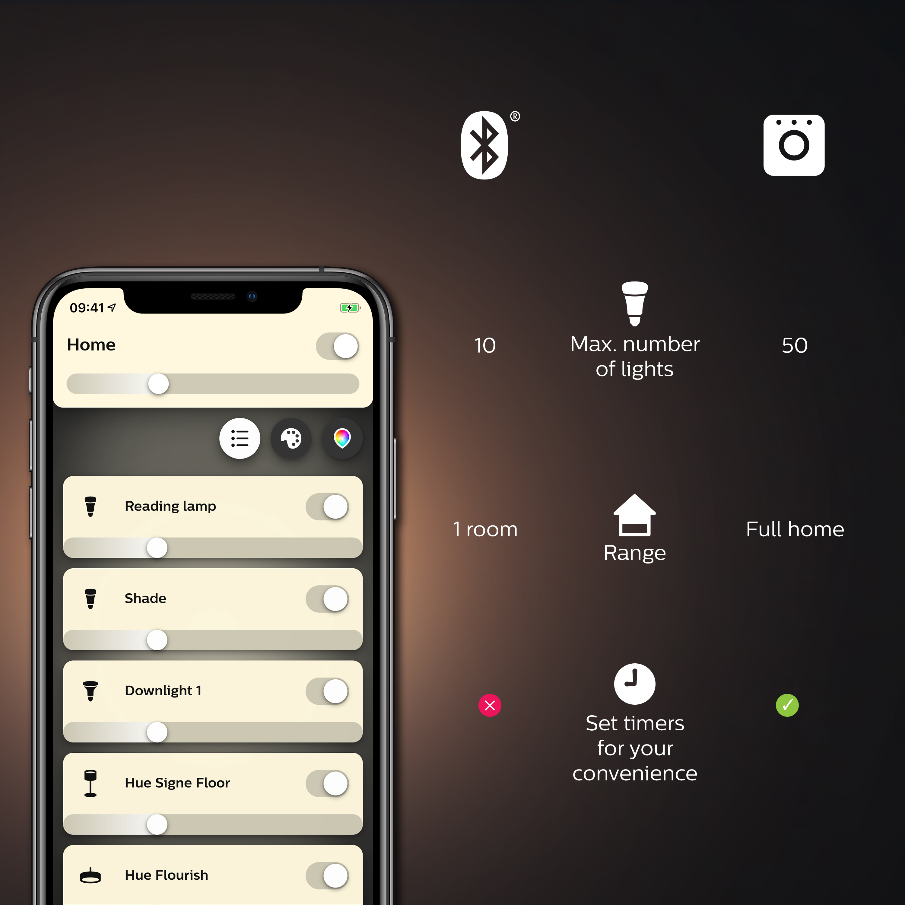Smartphone-Oberfläche mit einer Smart-Home-App und Optionen zur Lichtsteuerung. Der Hintergrund ist dunkel.