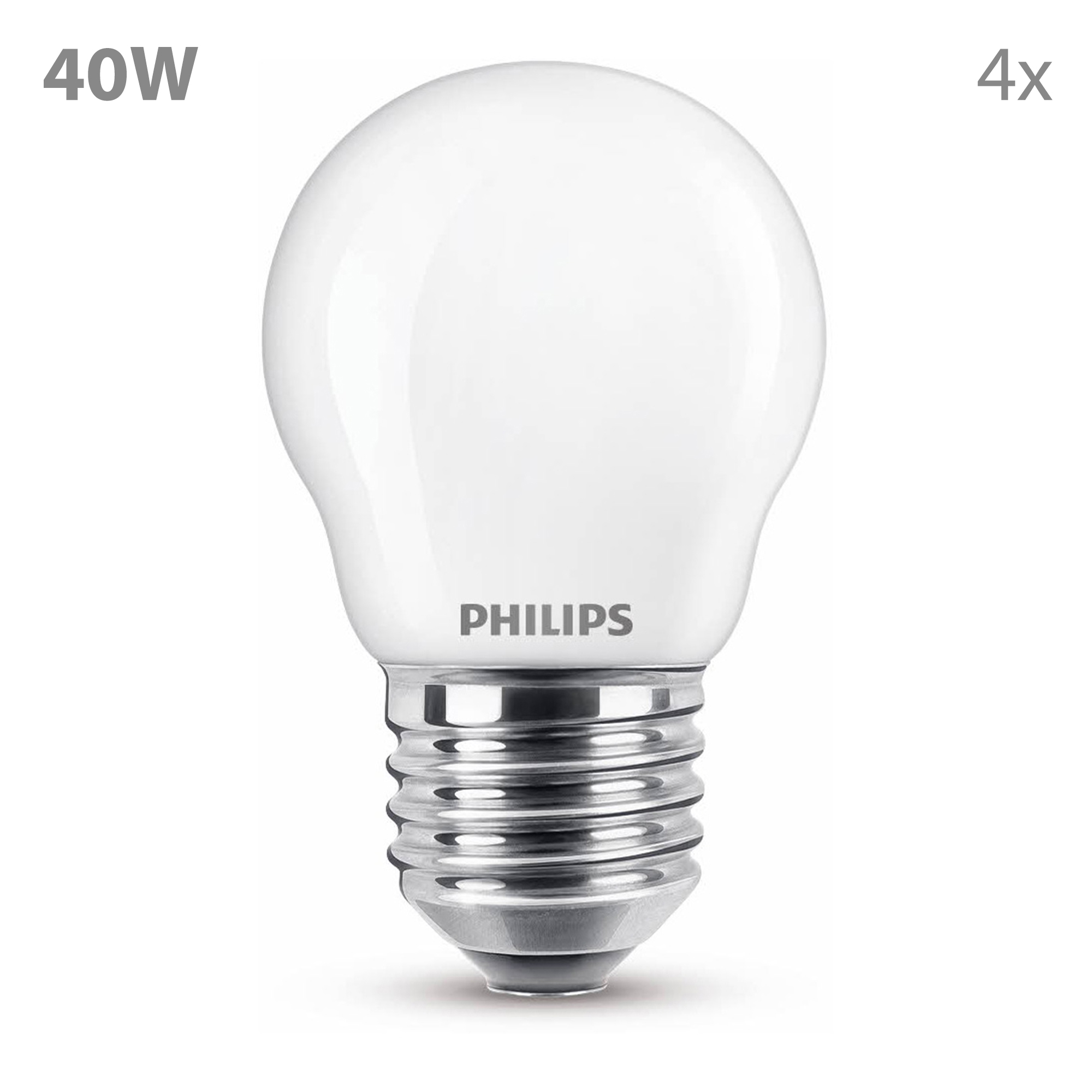 Ampoule LED Philips. Ampoule blanche, base argentée. Fond blanc.