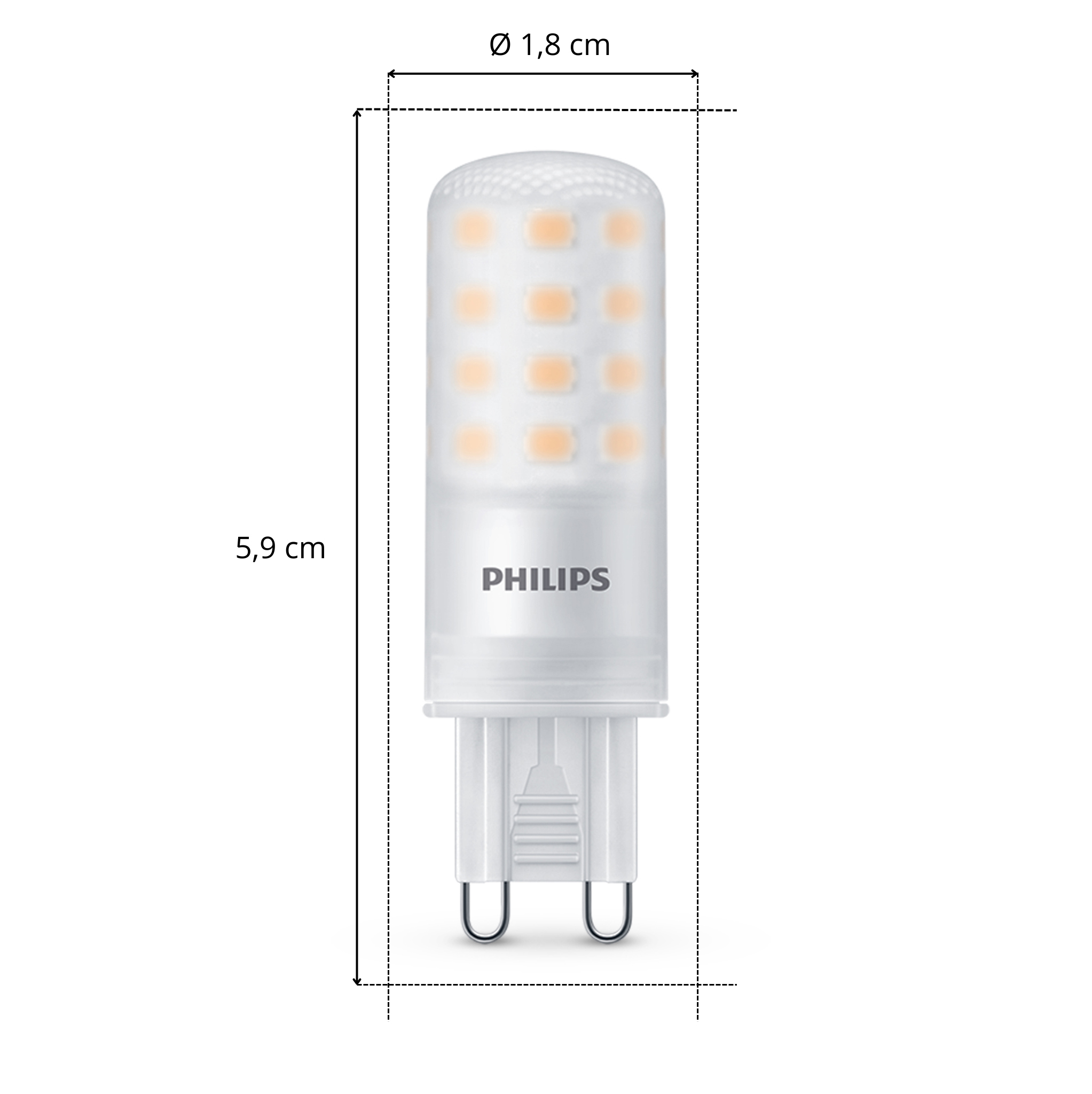Bombilla LED Philips, forma cilíndrica, con dimensiones y marca Philips visible.