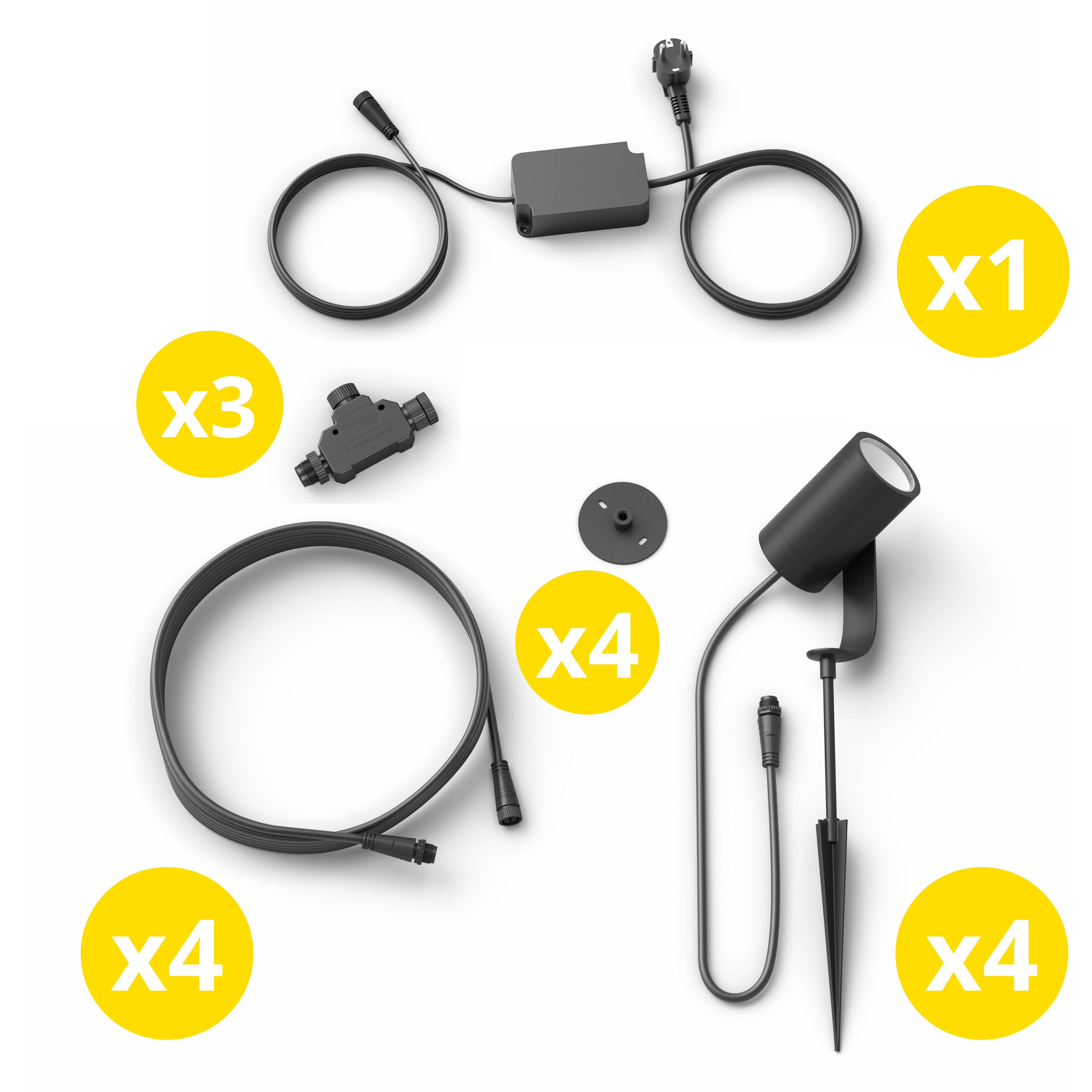 Componenten voor buitenverlichting, inclusief voeding, kabels en spots.
