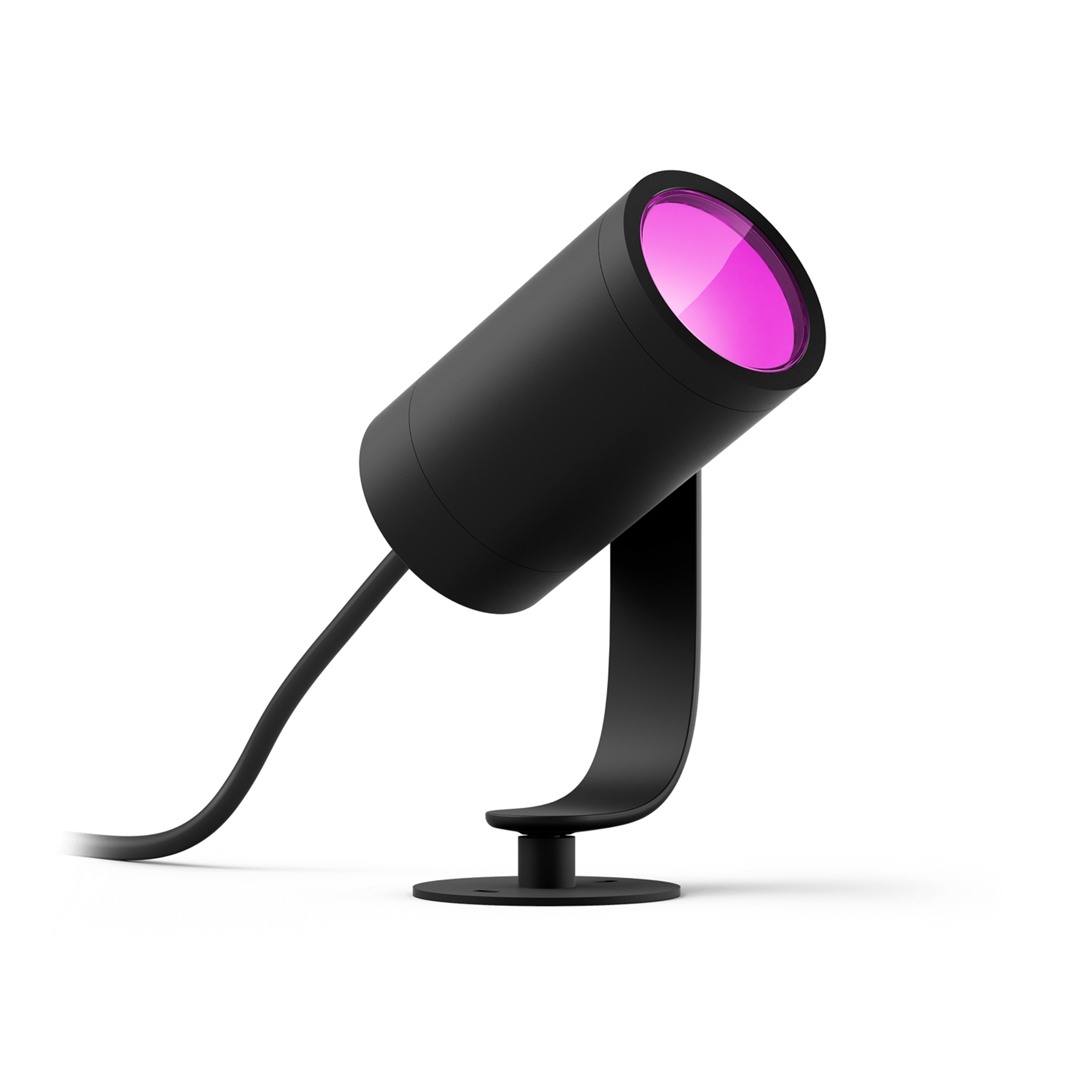 Een zwarte spot met roze licht op een witte achtergrond.