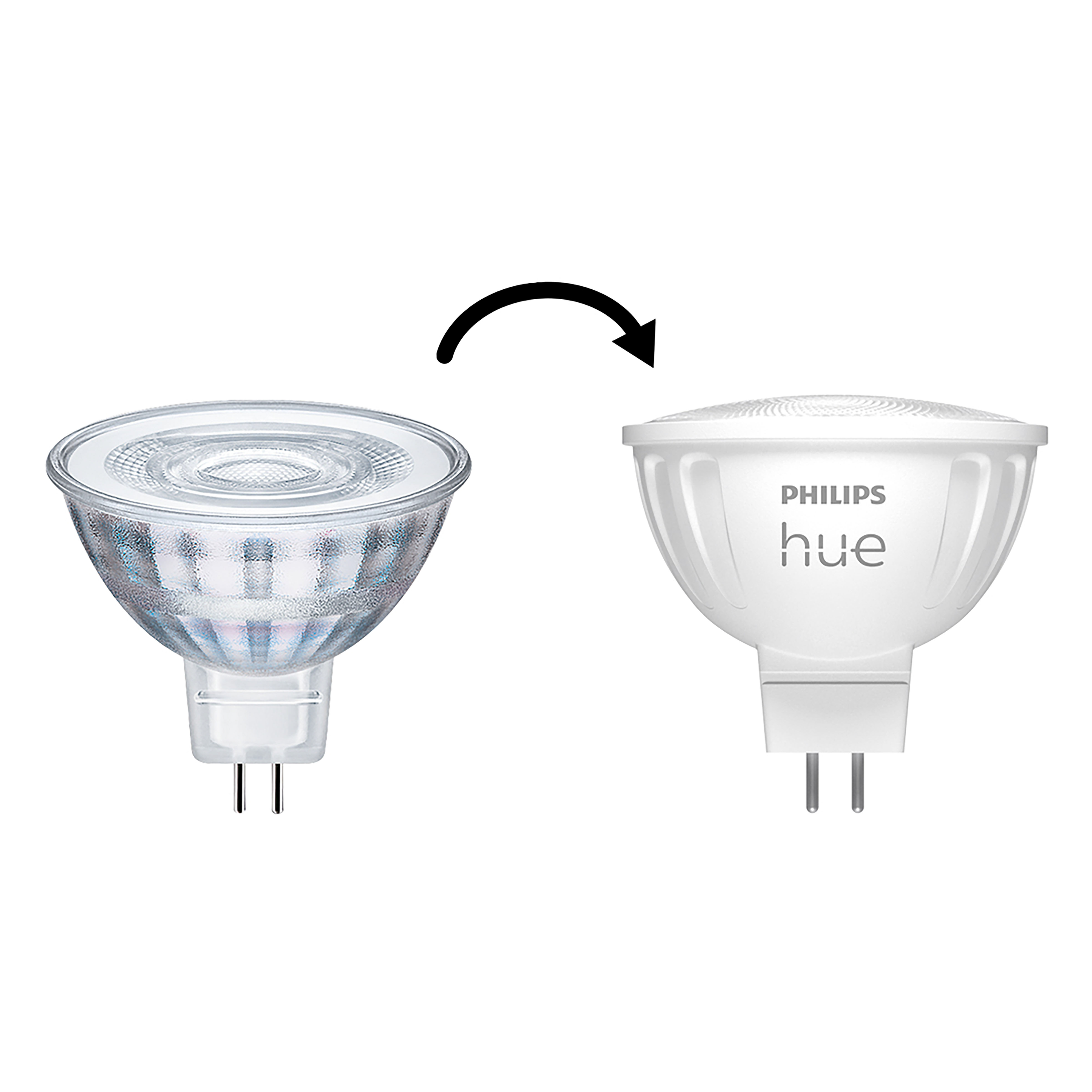 Dwie żarówki, jedna zastępowana przez drugą. Widoczne logo Philips Hue.
