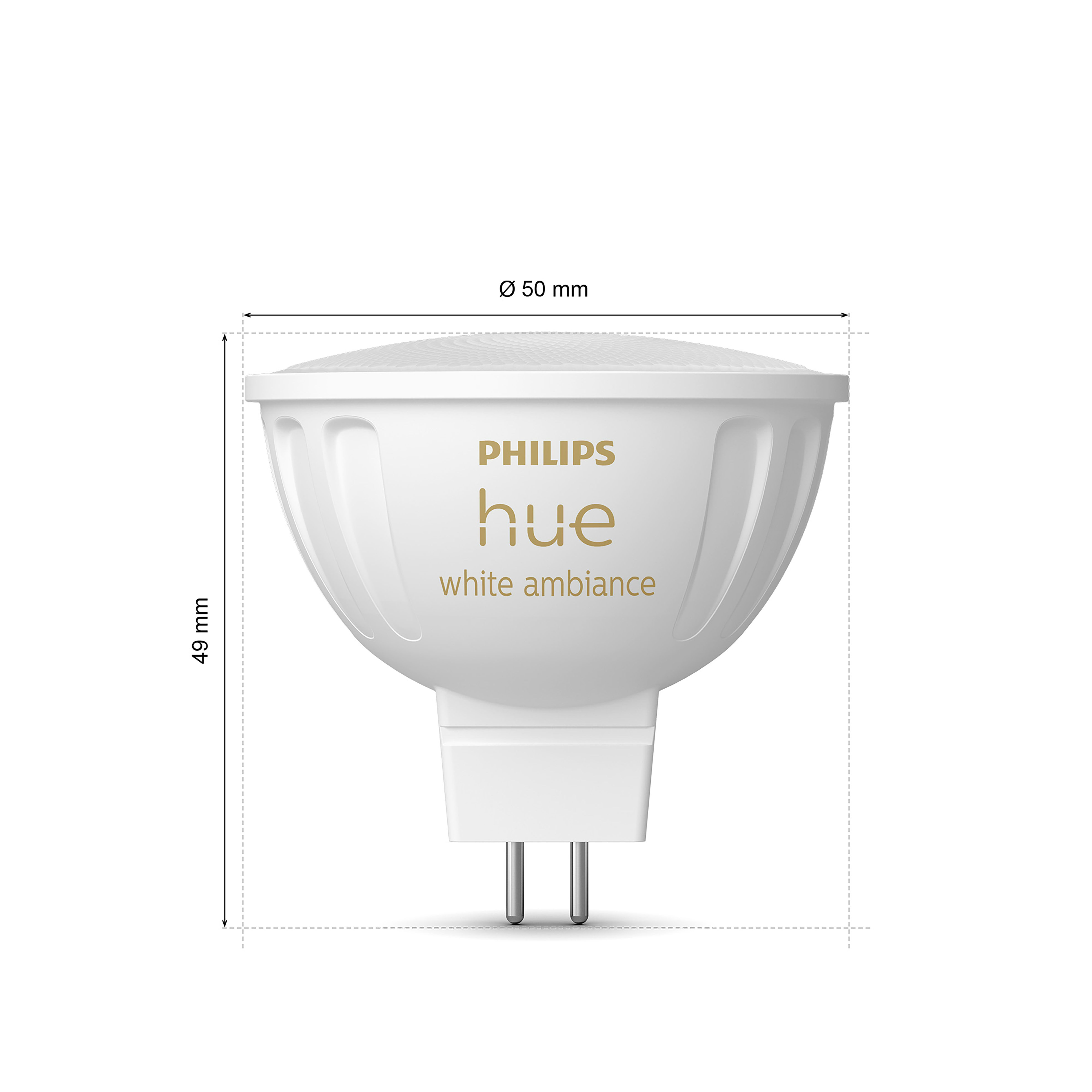 Philips Hue white ambiance lamp. Wit, druppelvormig met twee pinnen. Afmetingen getoond.
