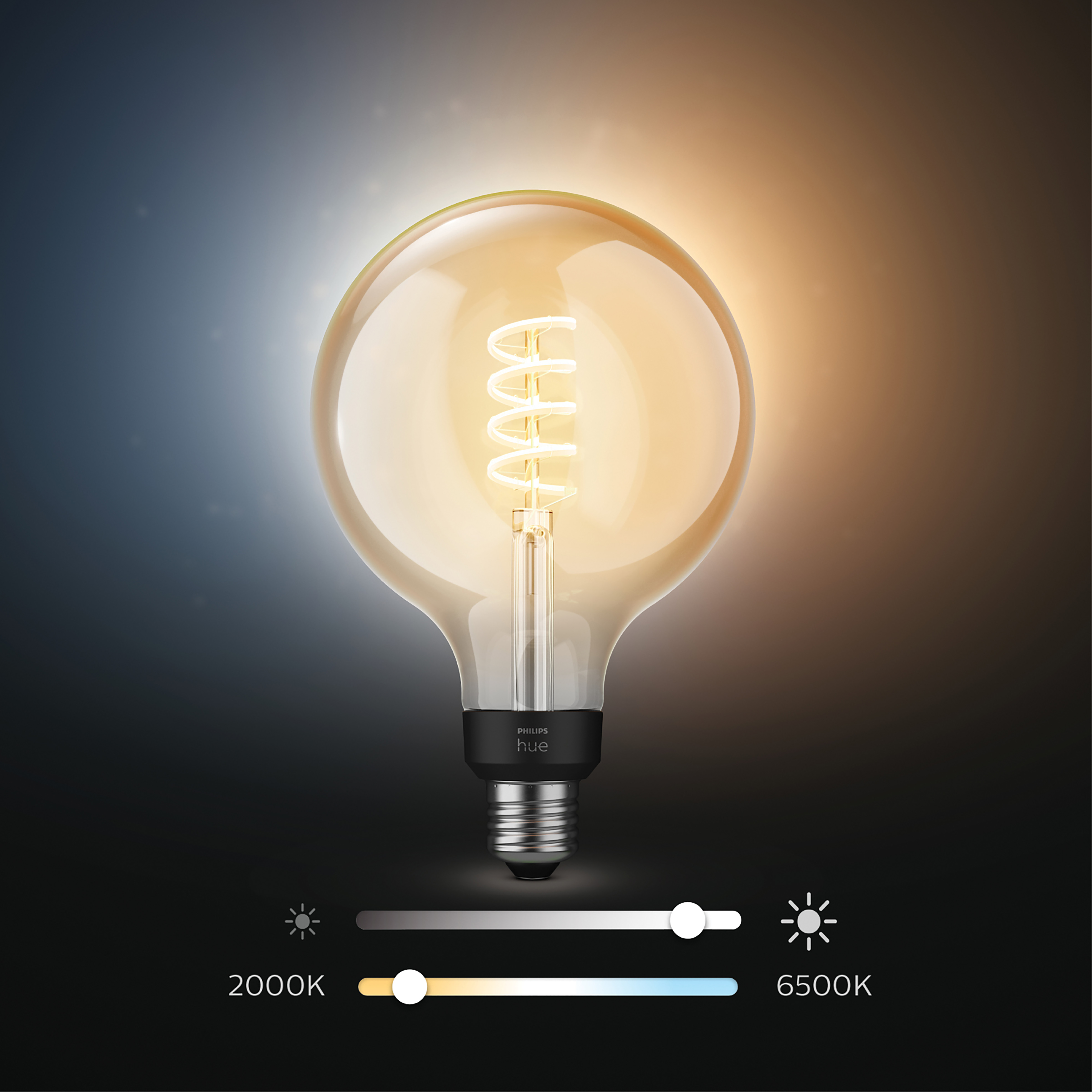 Duża, okrągła żarówka z żarnikiem spiralnym. Stopniowa zmiana koloru od niebieskiego do pomarańczowego. Czarna podstawa.