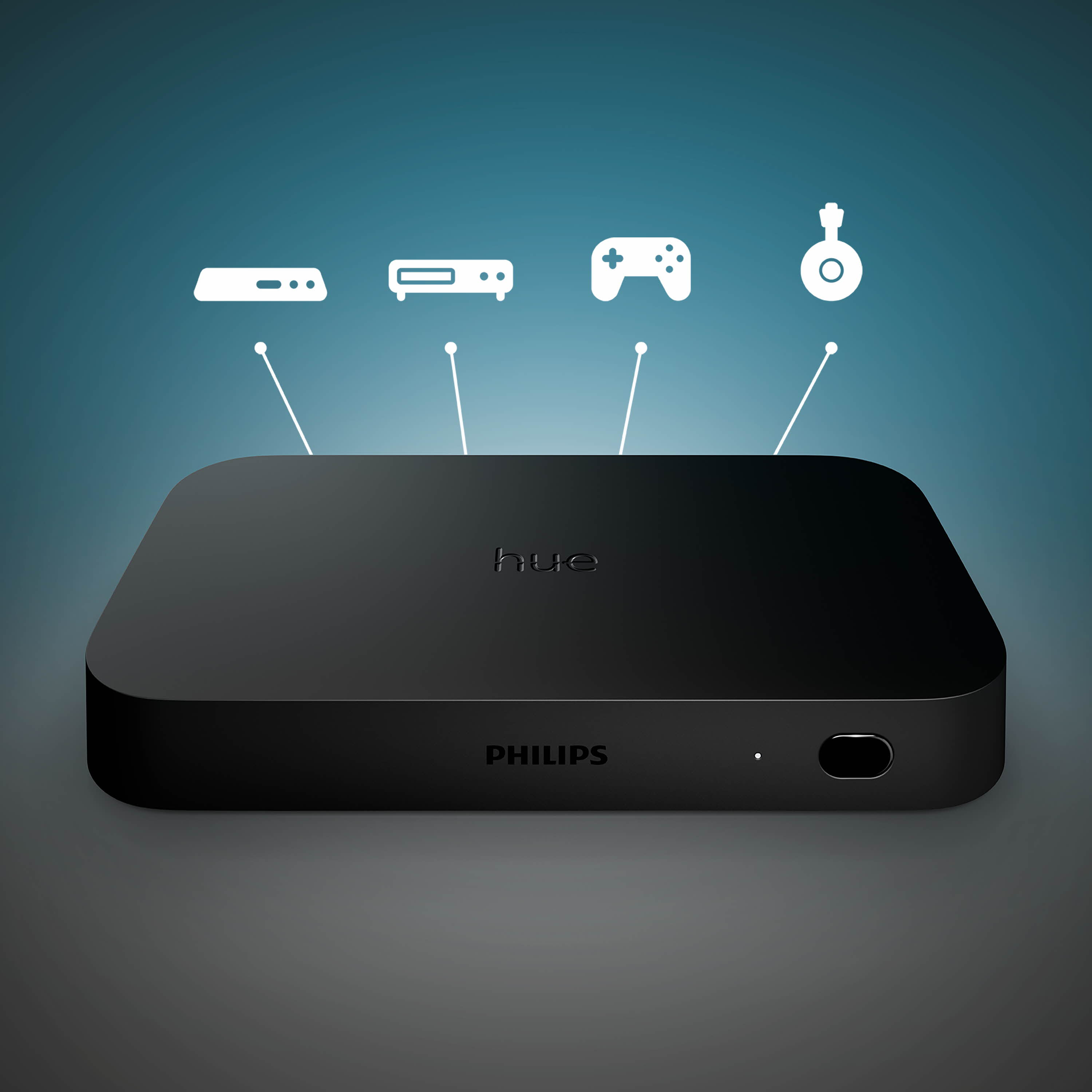 Dispositivo Philips Hue negro con iconos de dispositivos conectados.