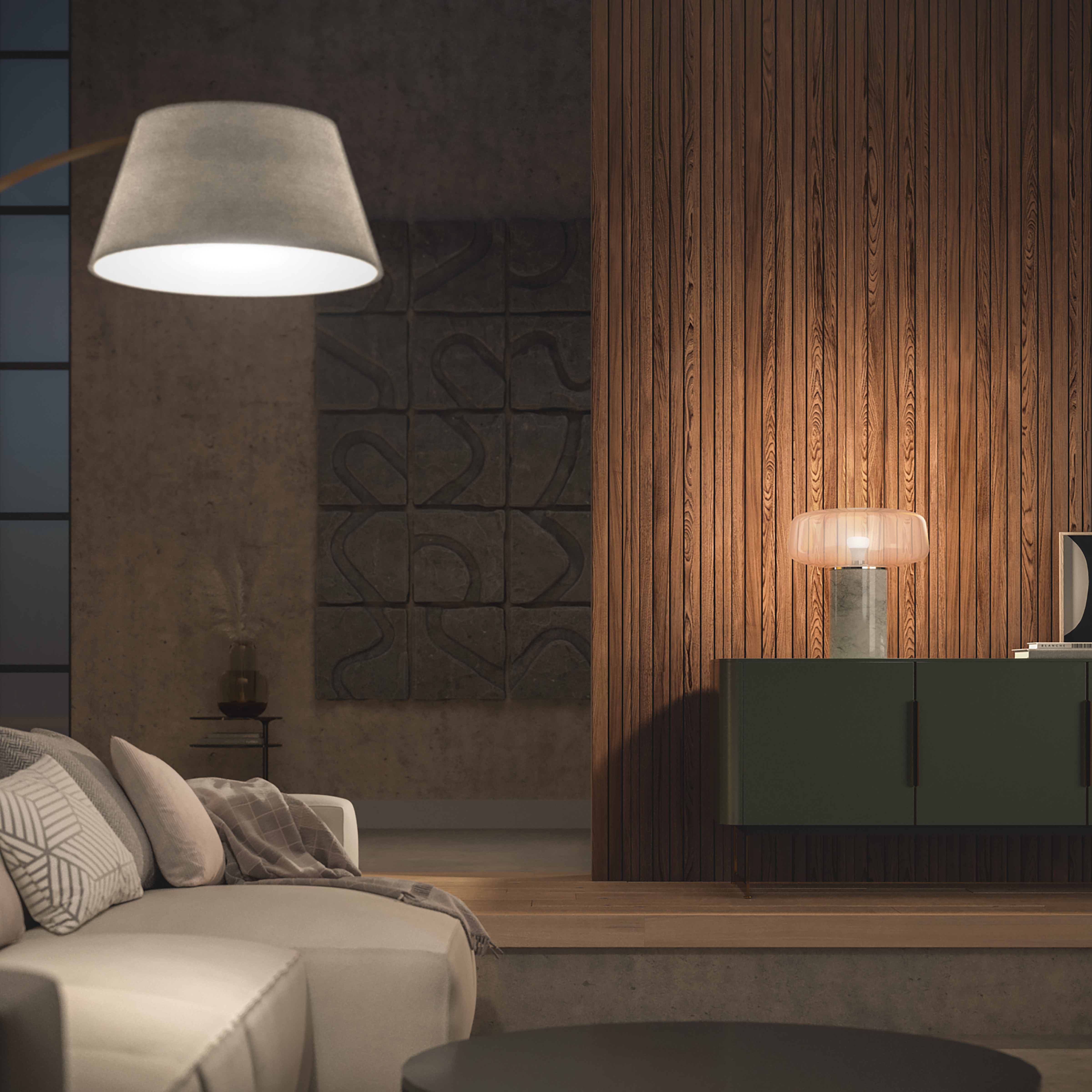 Innenszene mit Sofa, Lampe, Tisch und Holzvertäfelung an der Wand.