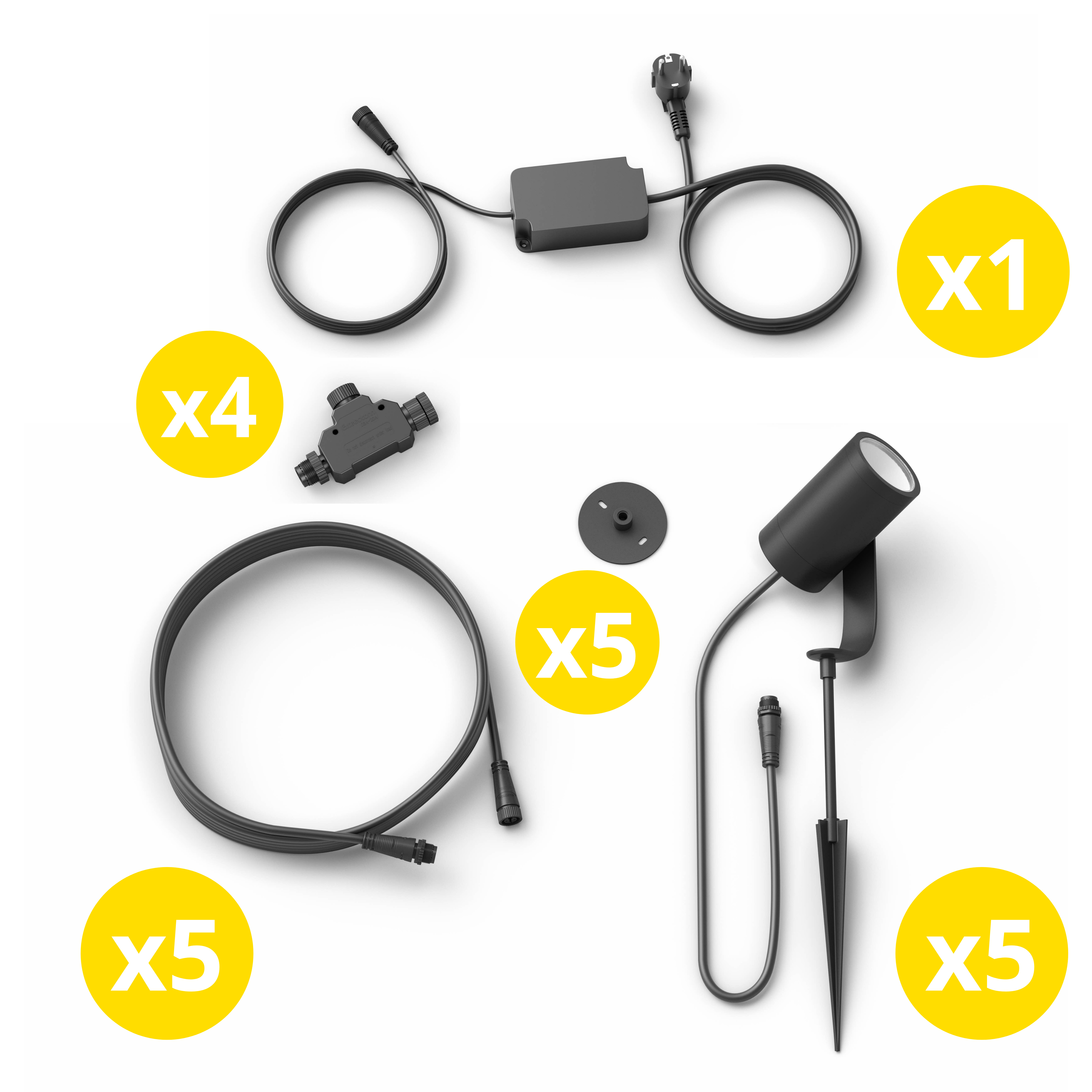 Buitenverlichtingsset. Inclusief kabels, connector, armatuur en palen.