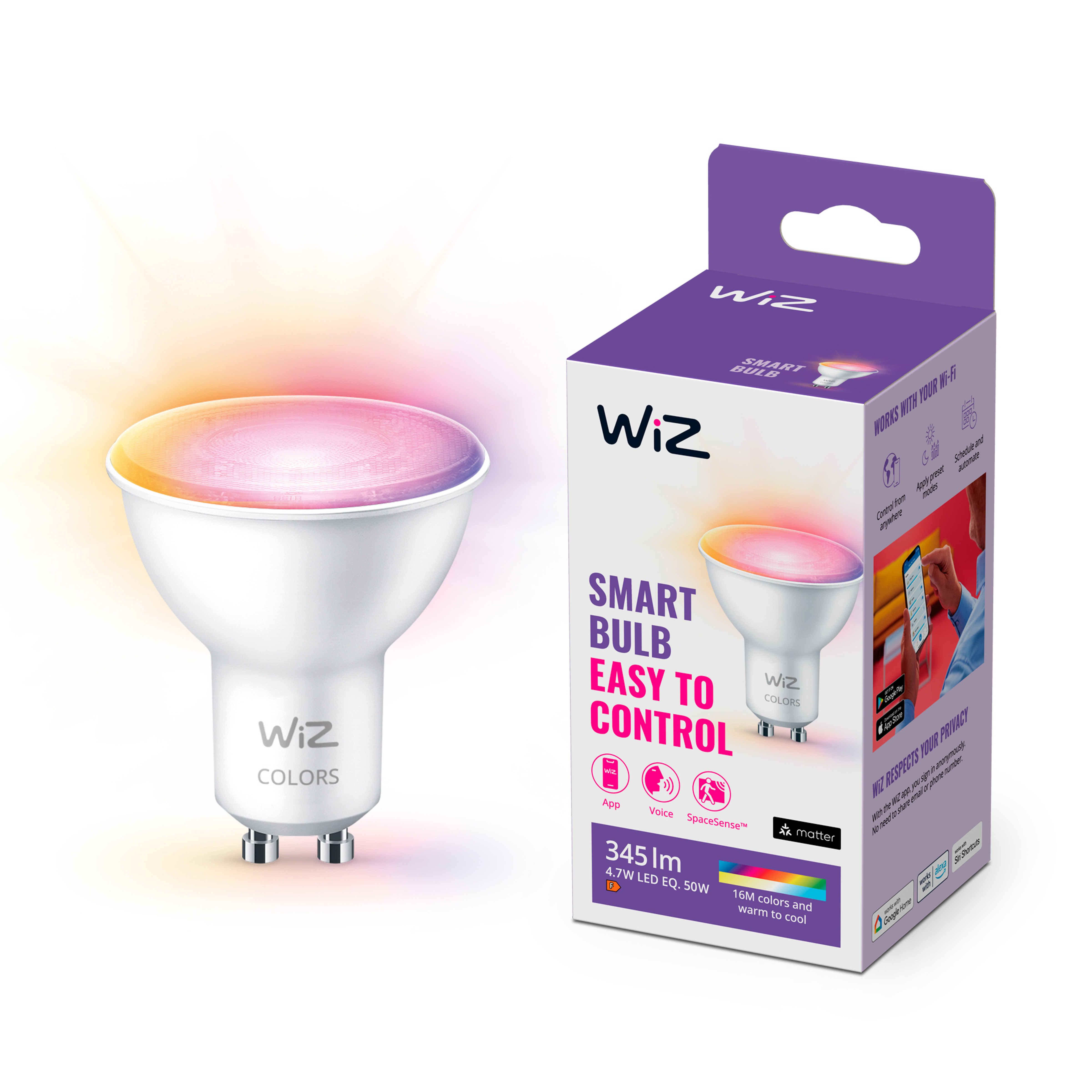 WiZ Smart-Lampe und -Box. Die Glühbirne leuchtet farbig. Weißer Hintergrund.