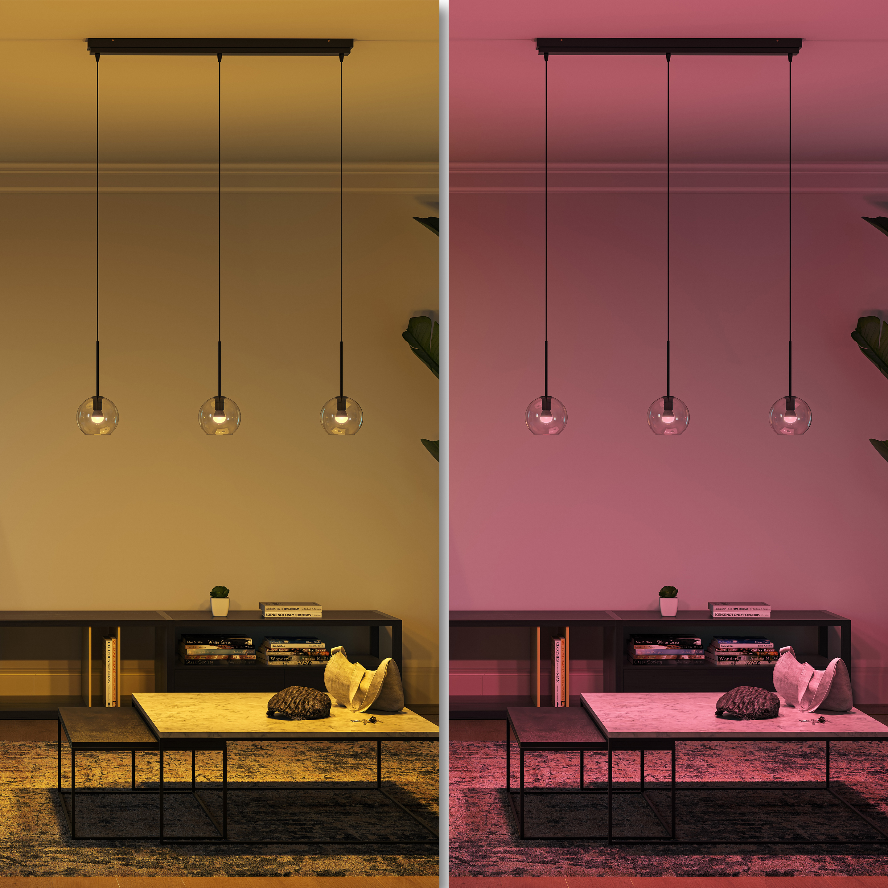 Zwei Bilder, eines mit warmem Licht, das andere mit rosa Licht, zeigen ein Wohnzimmer.
