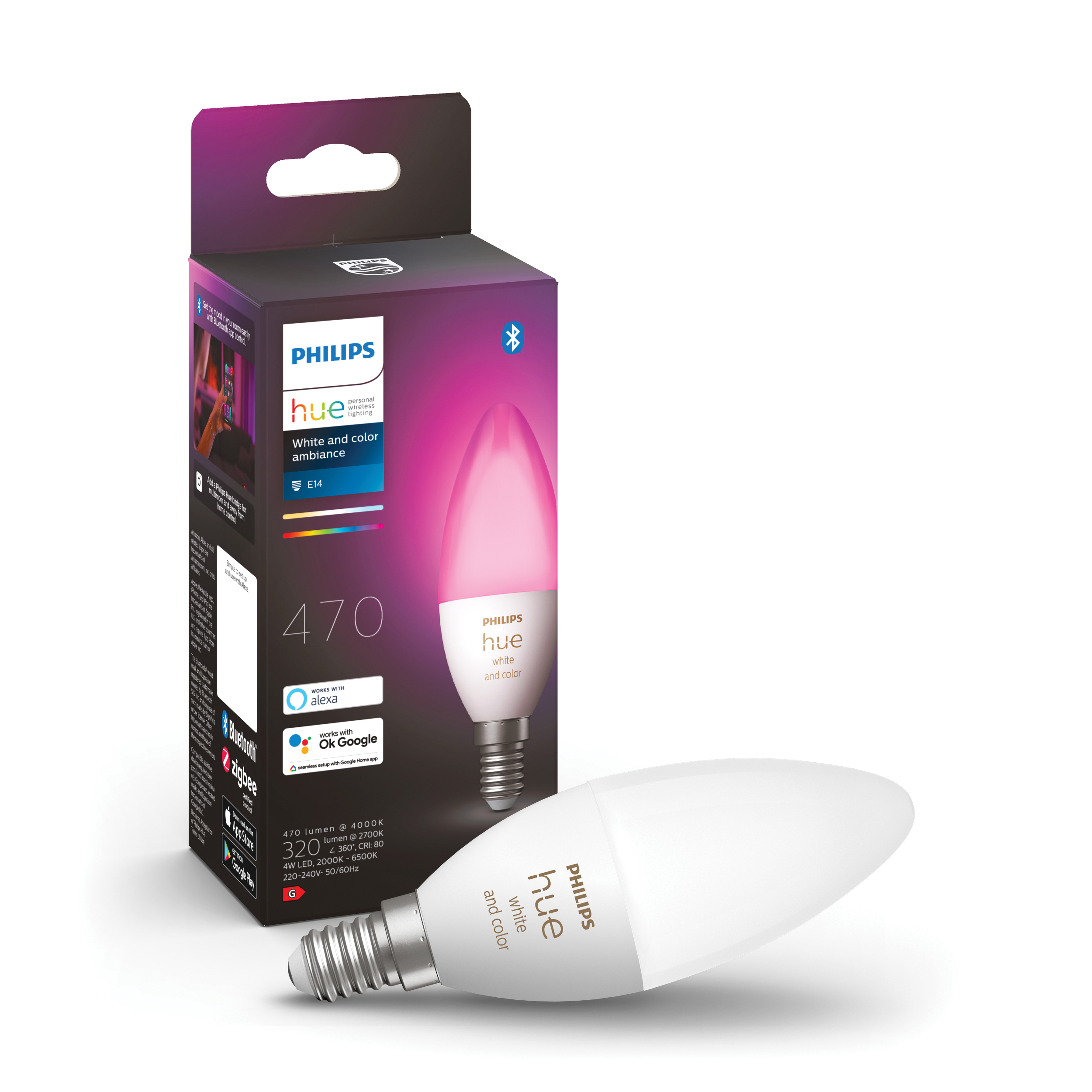 Witte en kleur Philips Hue lamp in een doos. Lamp is wit, met roze gloed.