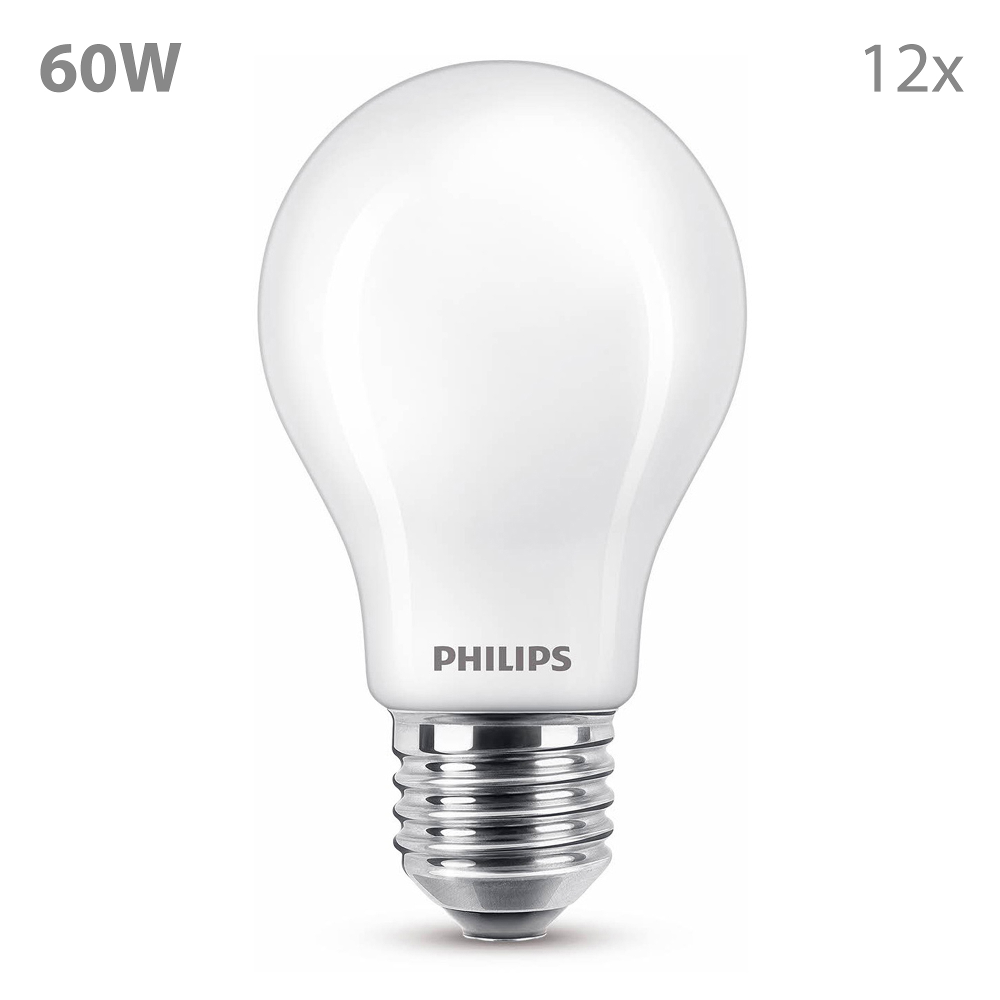 White Philips lightbulb with a silver base. The text 60W and 12x are present on the top.