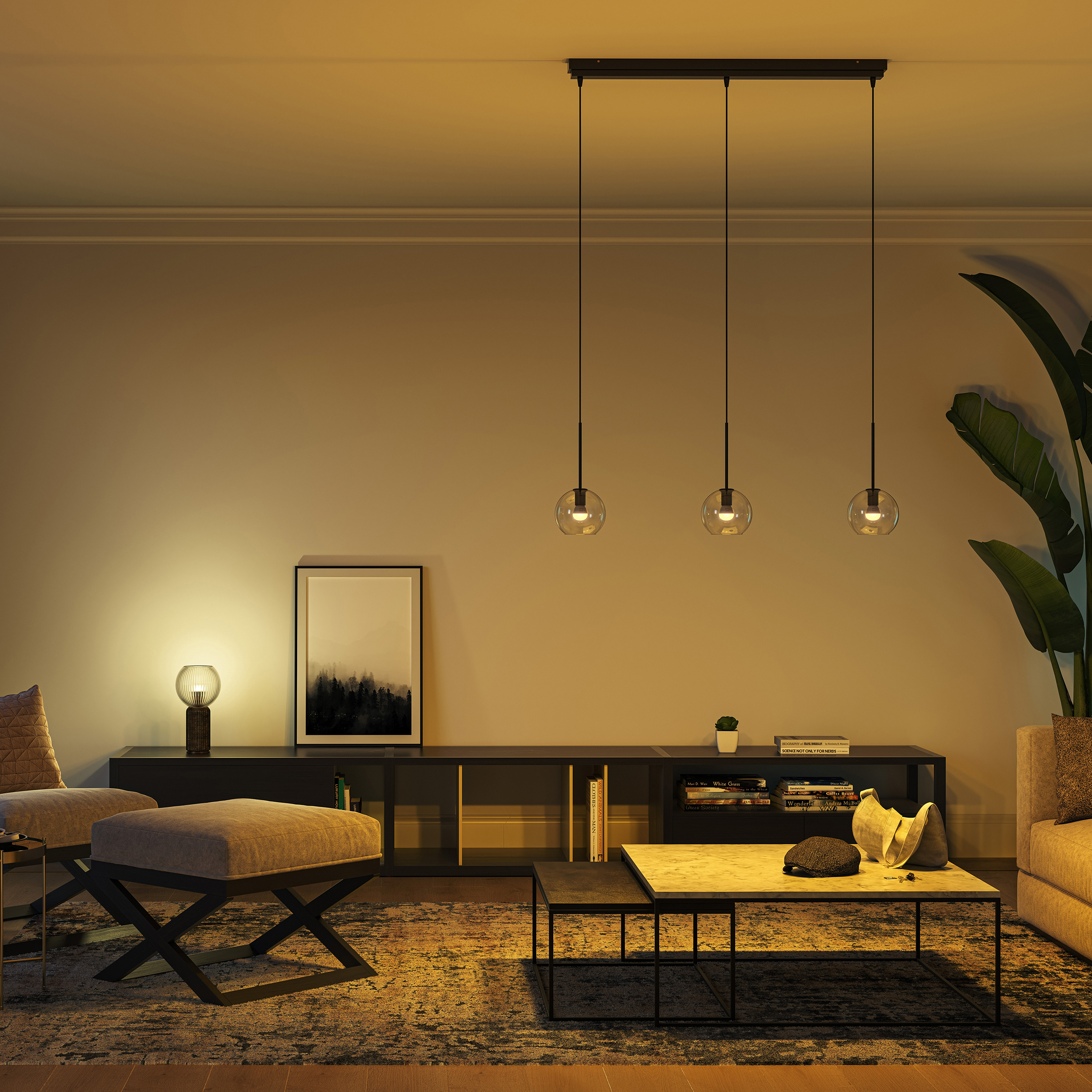Wohnzimmer mit modernen Möbeln, darunter ein Sofa, ein Tisch und Pendelleuchten.