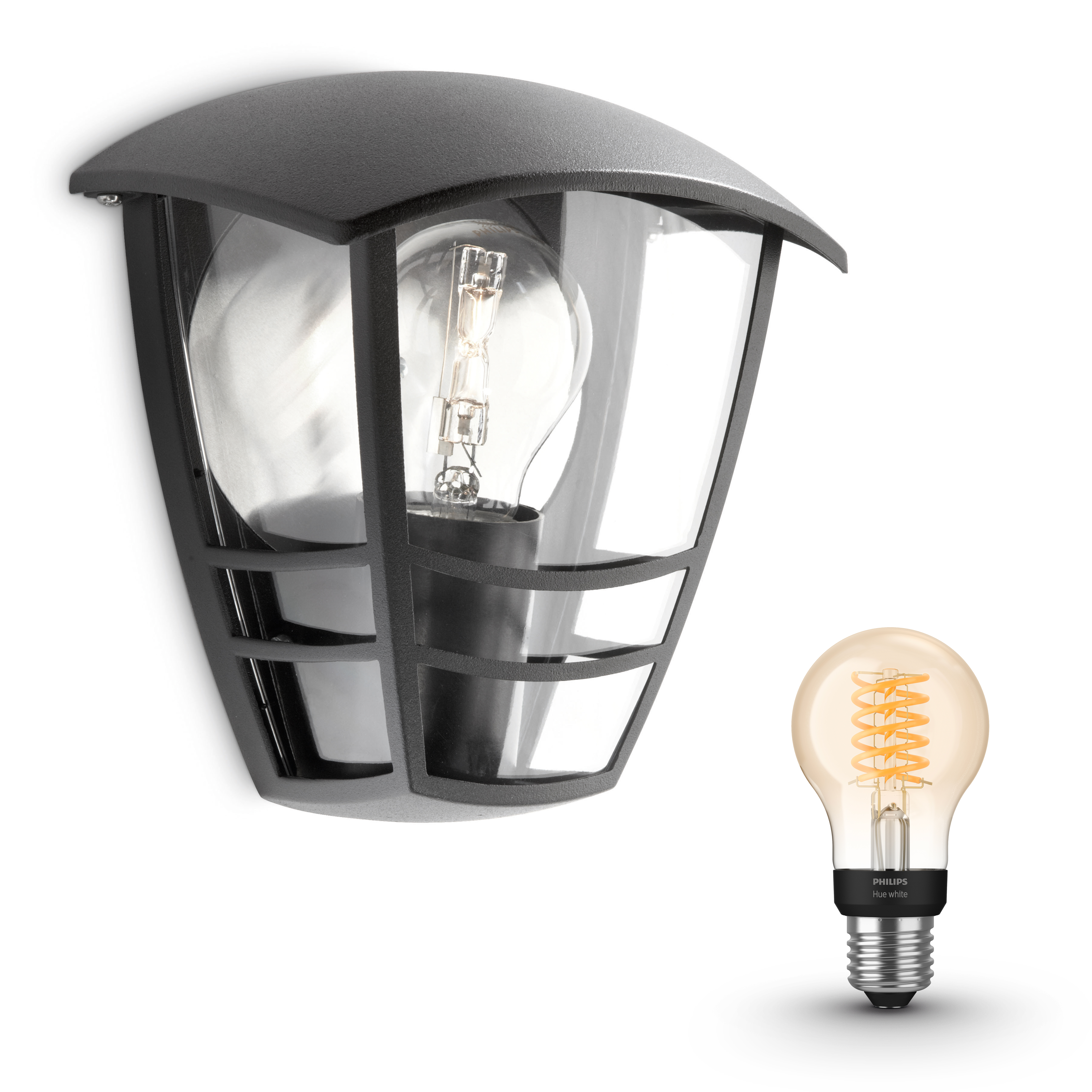 Buitenlamp aan een muur met een tweede lamp rechts. Philips Hue white.