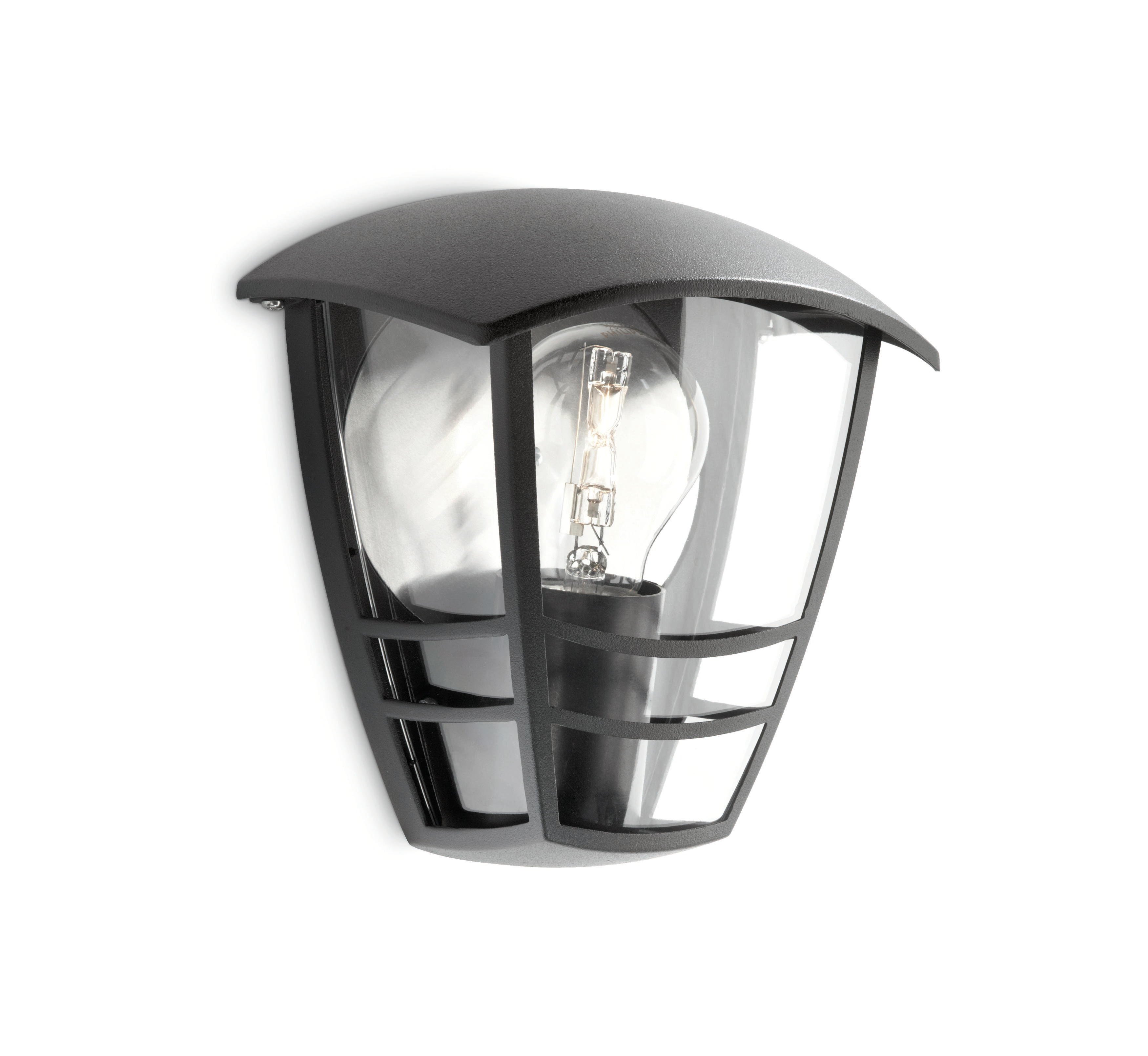Zwarte buitenmuurlamp met een heldere glazen behuizing en een zichtbare gloeilamp, tegen een witte achtergrond.