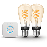 MediaMarkt PHILIPS HUE Starterspakket E27 met 2 Filament Edisonlampen Klein (ST64) Amber - Incl. 1 Hue Bridge, Hue White aanbieding