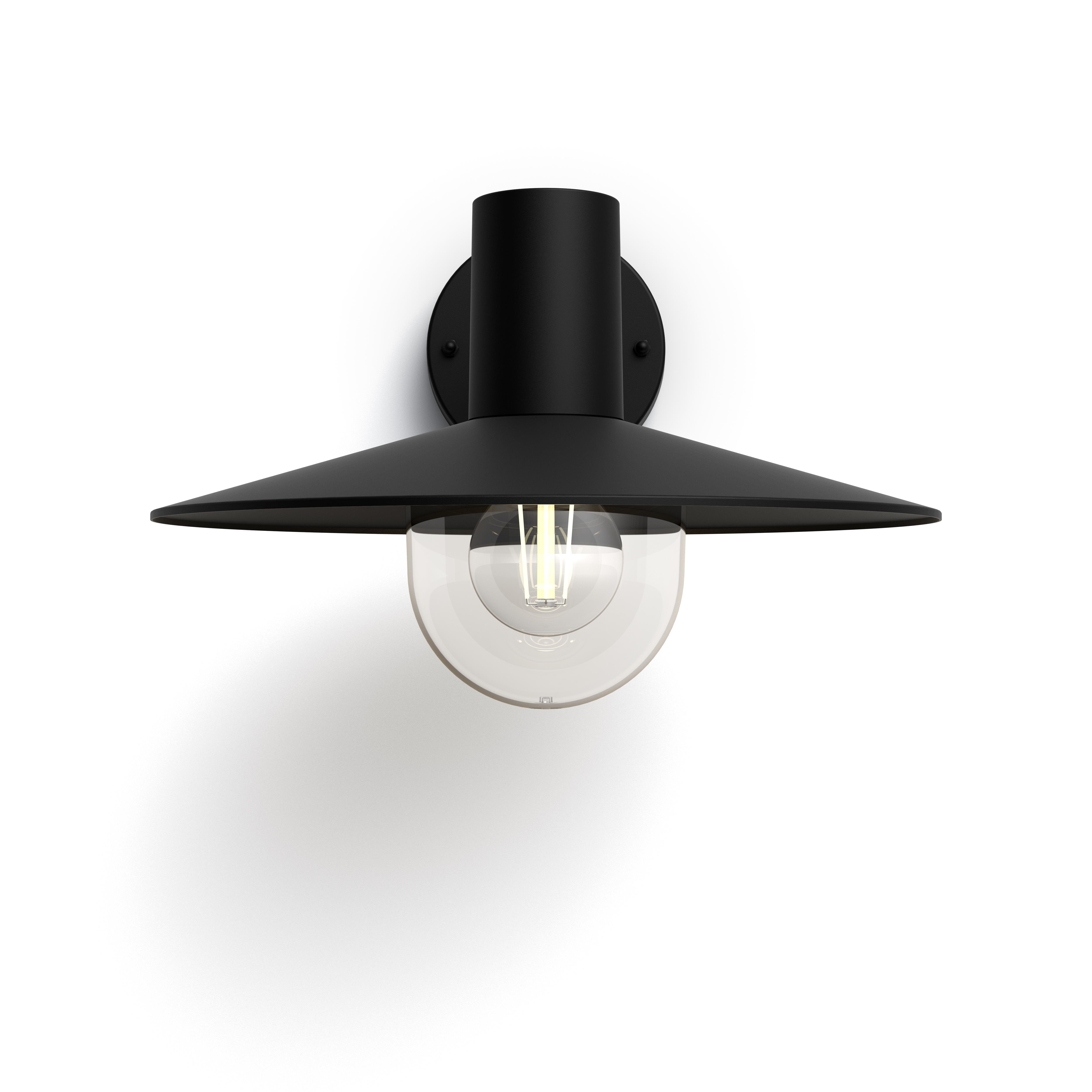 Schwarze Außenlampe an einer Wand mit klarer Glasabdeckung über der Glühbirne.