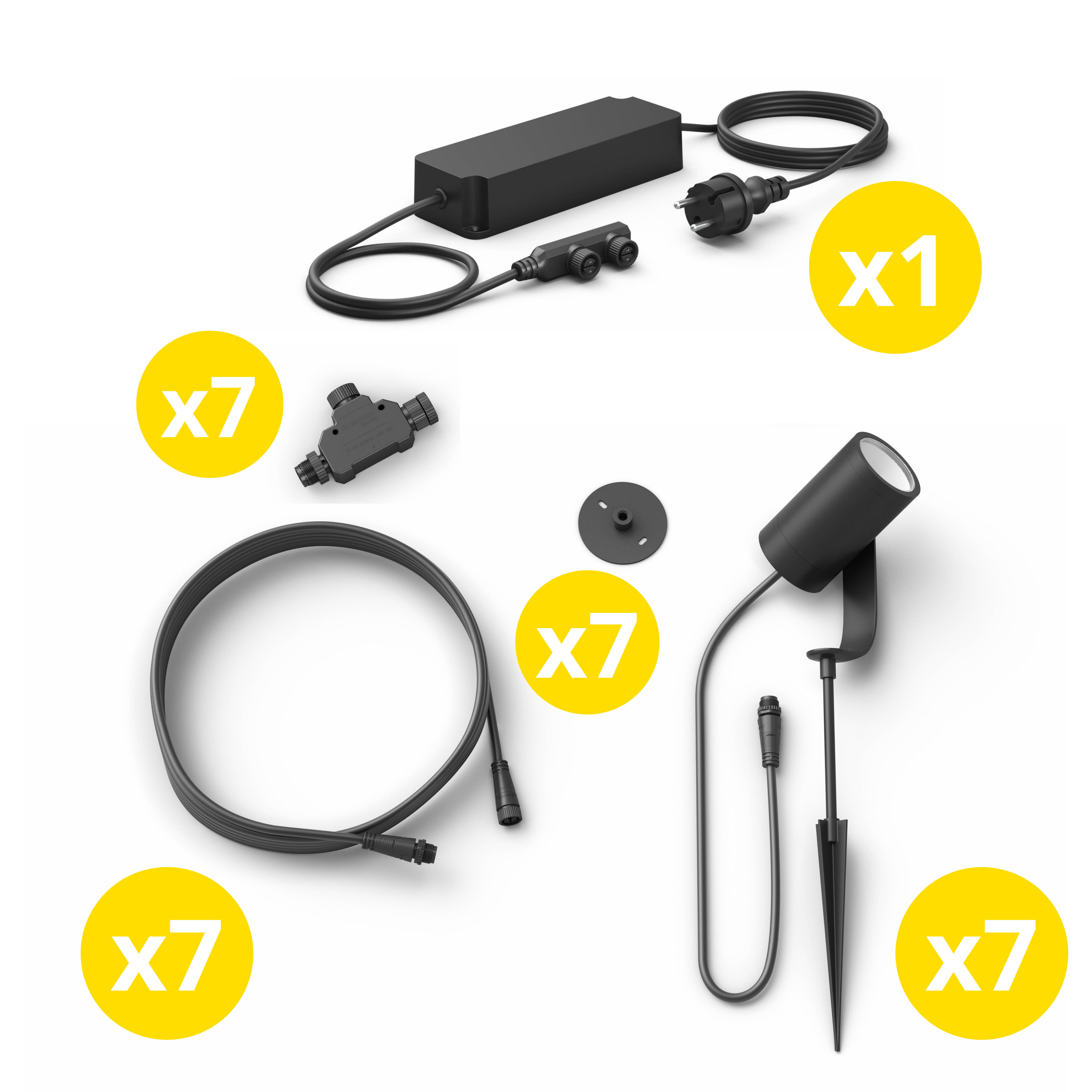 Diverse zwarte buitenverlichtingscomponenten: voeding, connectoren, kabel en spot.