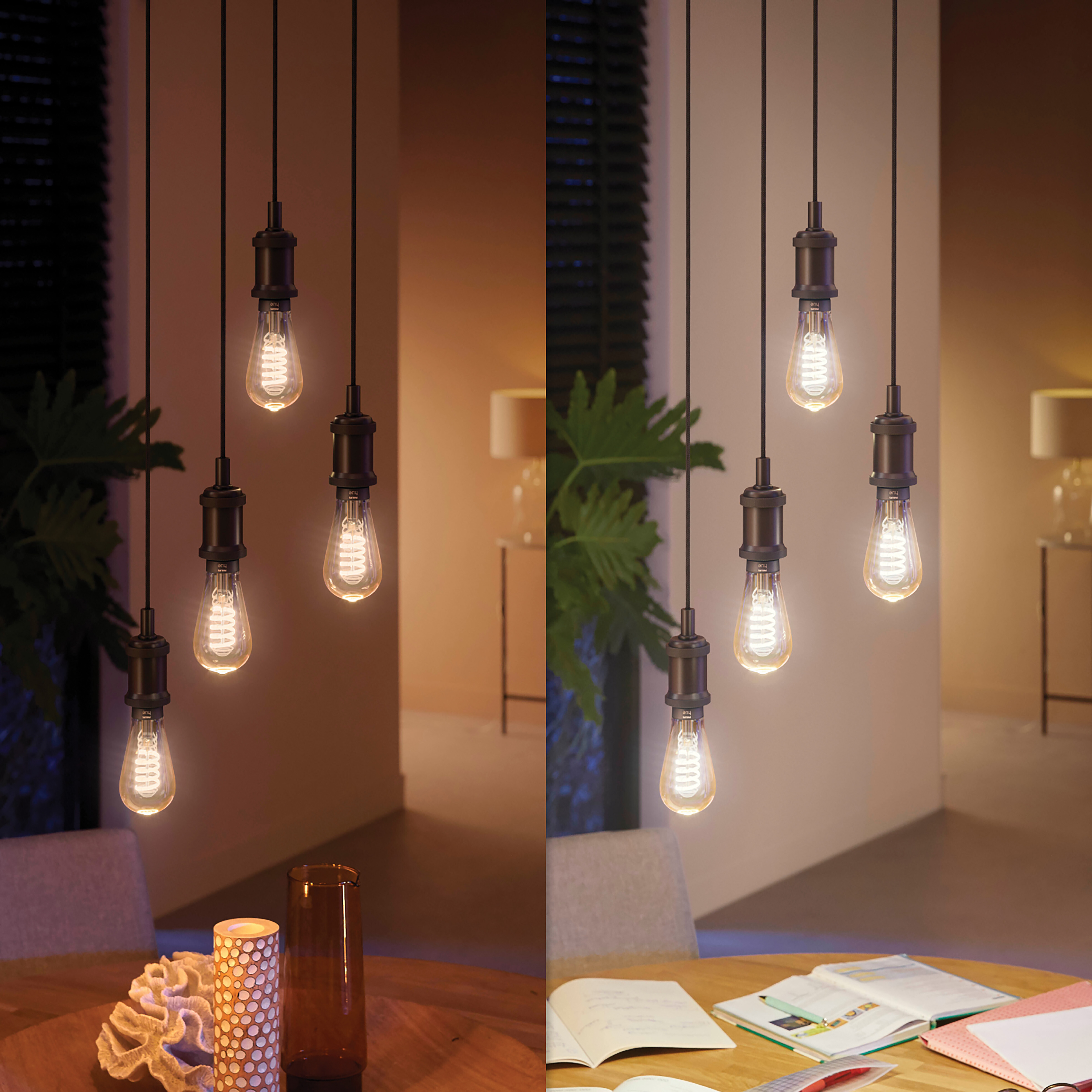 Twee scènes met hangende Edison-stijl gloeilampen. De ene scène is gedimd, de andere helder.
