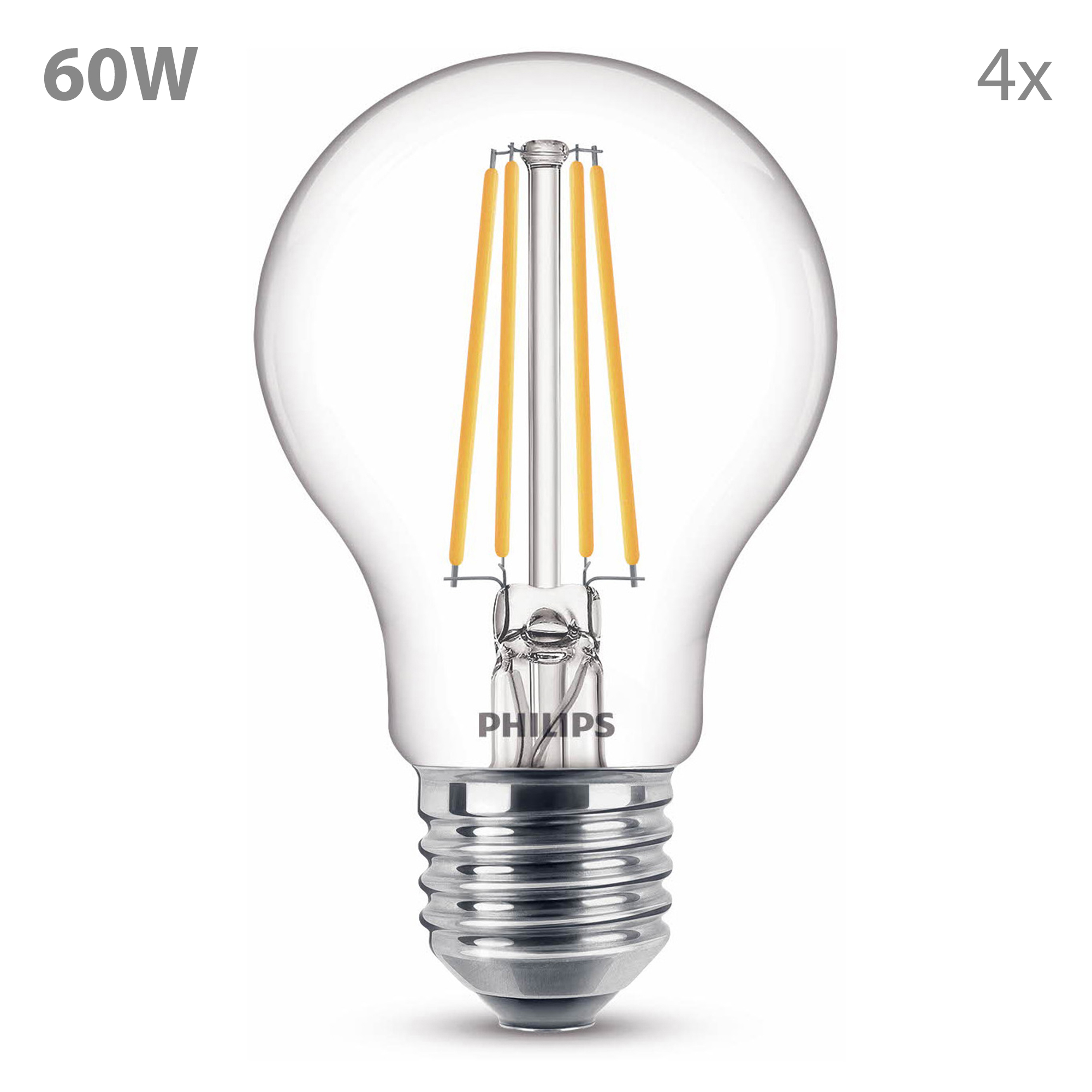 Een close-up van een Philips-lamp. De lamp heeft helder glas en zichtbare filamenten.