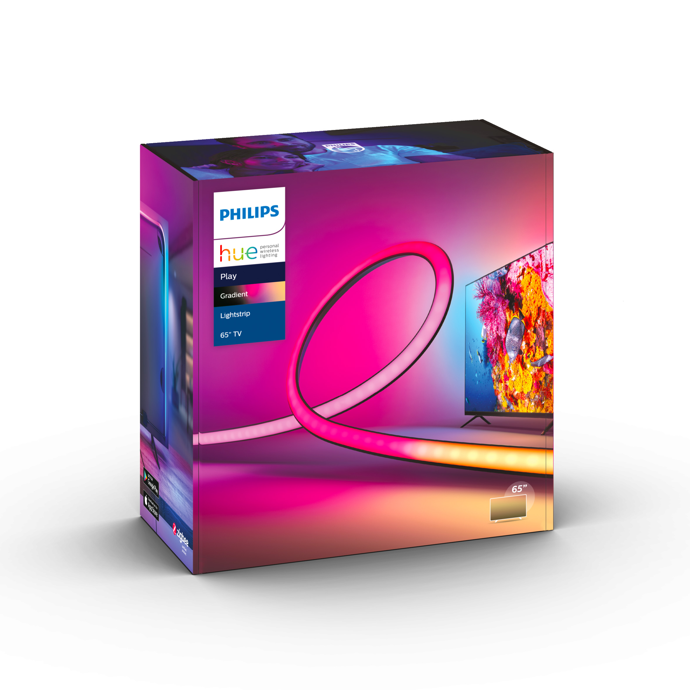 Philips Hue Play gradient lightstrip pakket voor een 65" TV.