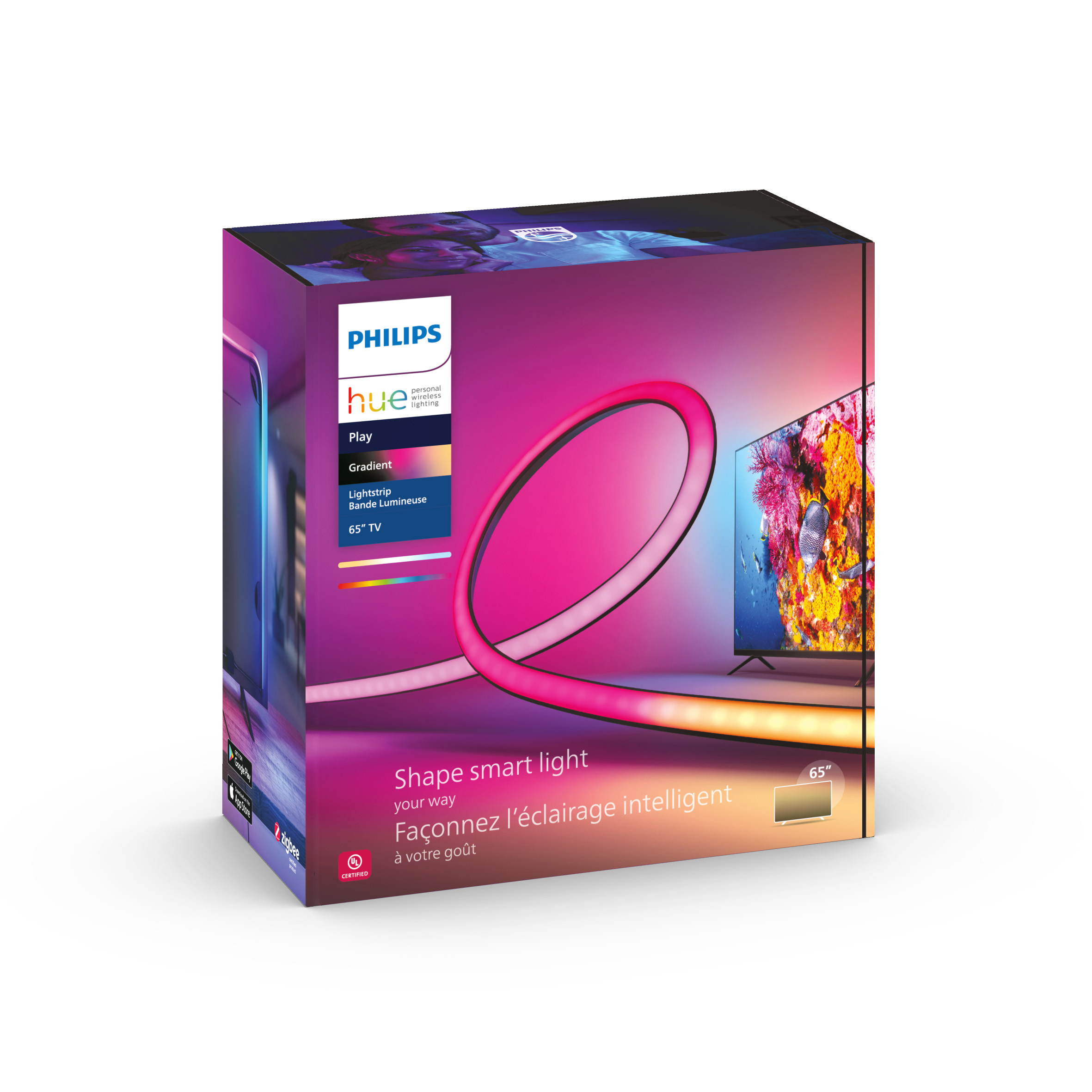 Caja para una Philips Hue Play Gradient Lightstrip para un televisor de 65". Muestra la tira de luz y el televisor.