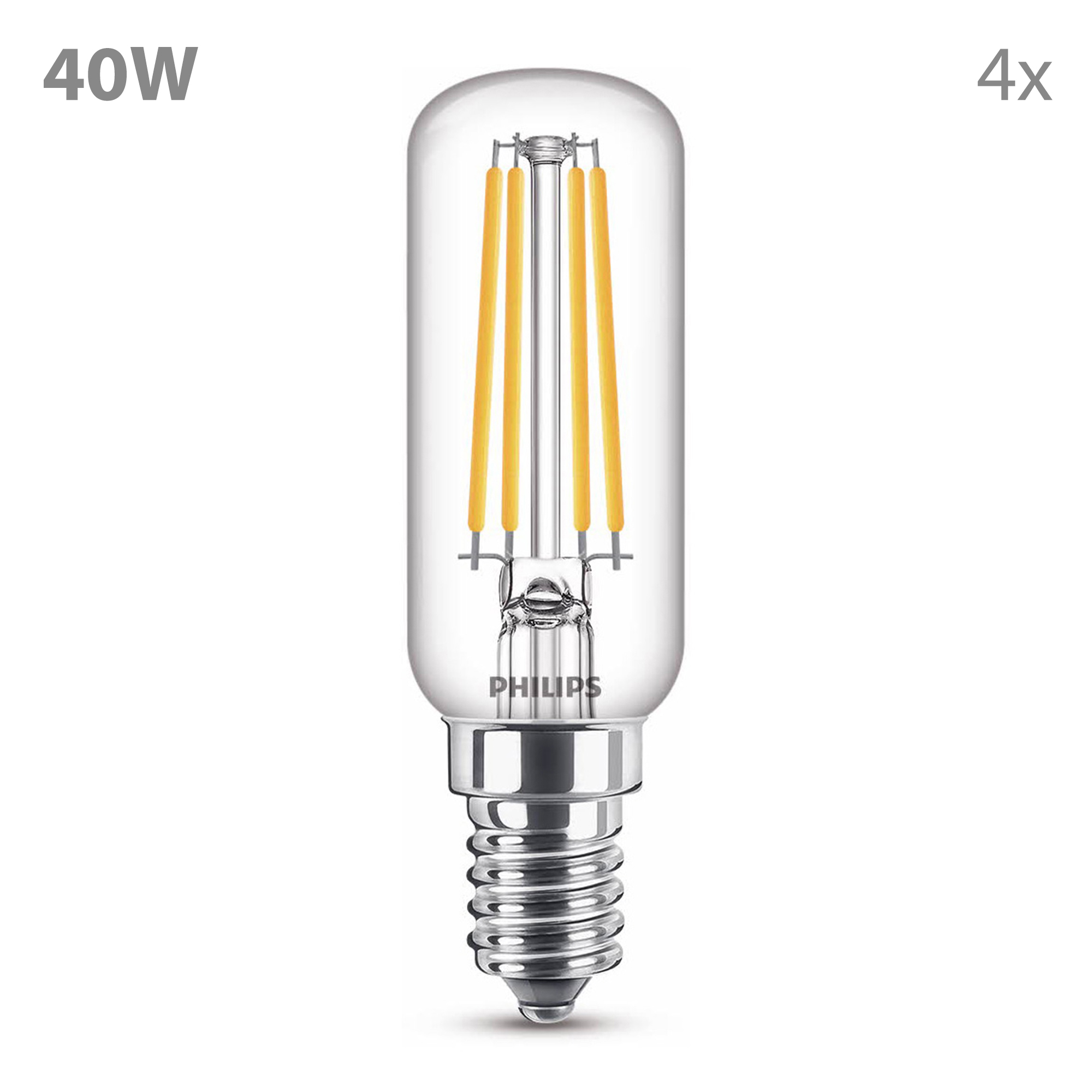 A clear Philips light bulb with a silver base. It is 40W and the image shows 4x.