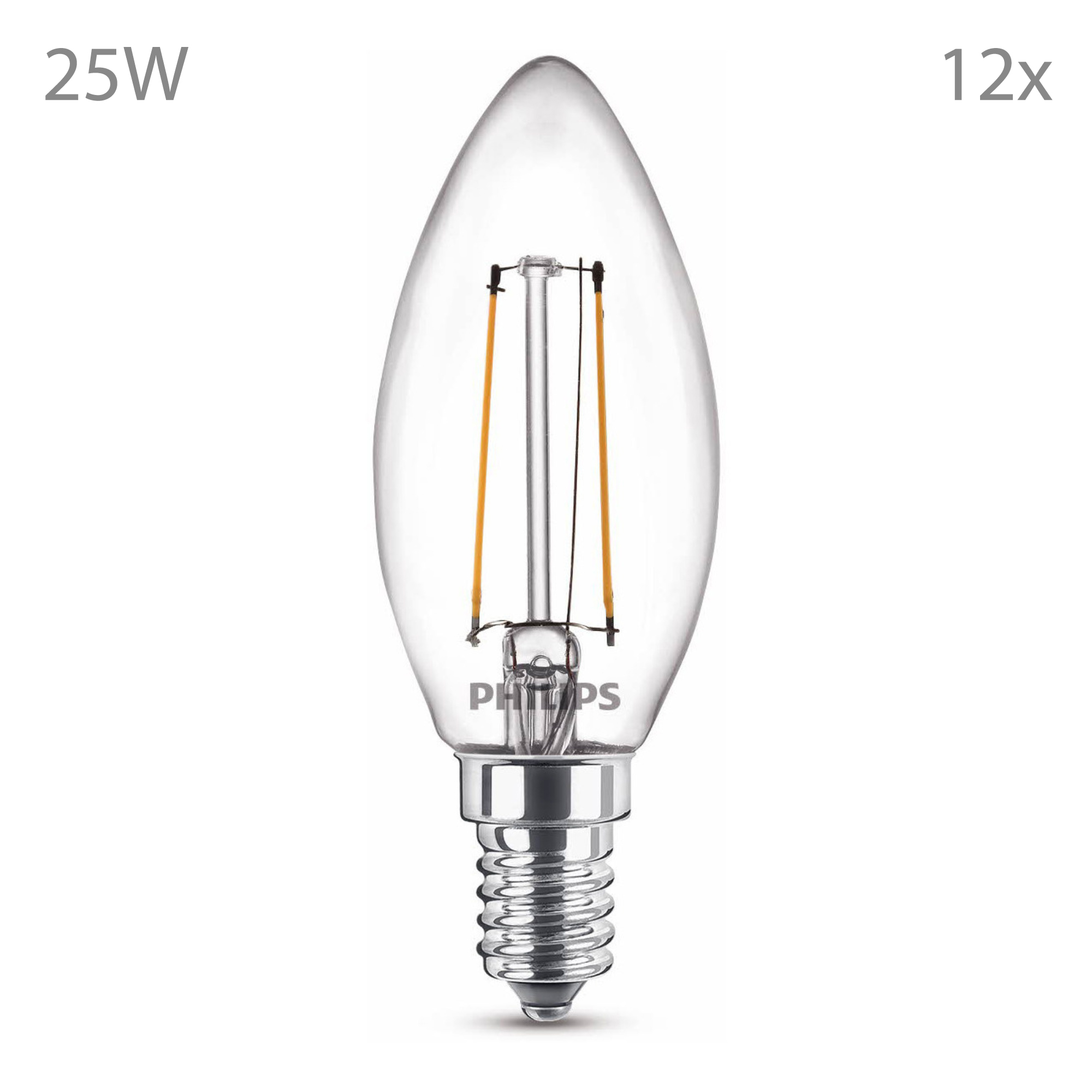Een enkele 25W Philips heldere glazen kaarslamp met een zilveren voet, op een witte achtergrond.