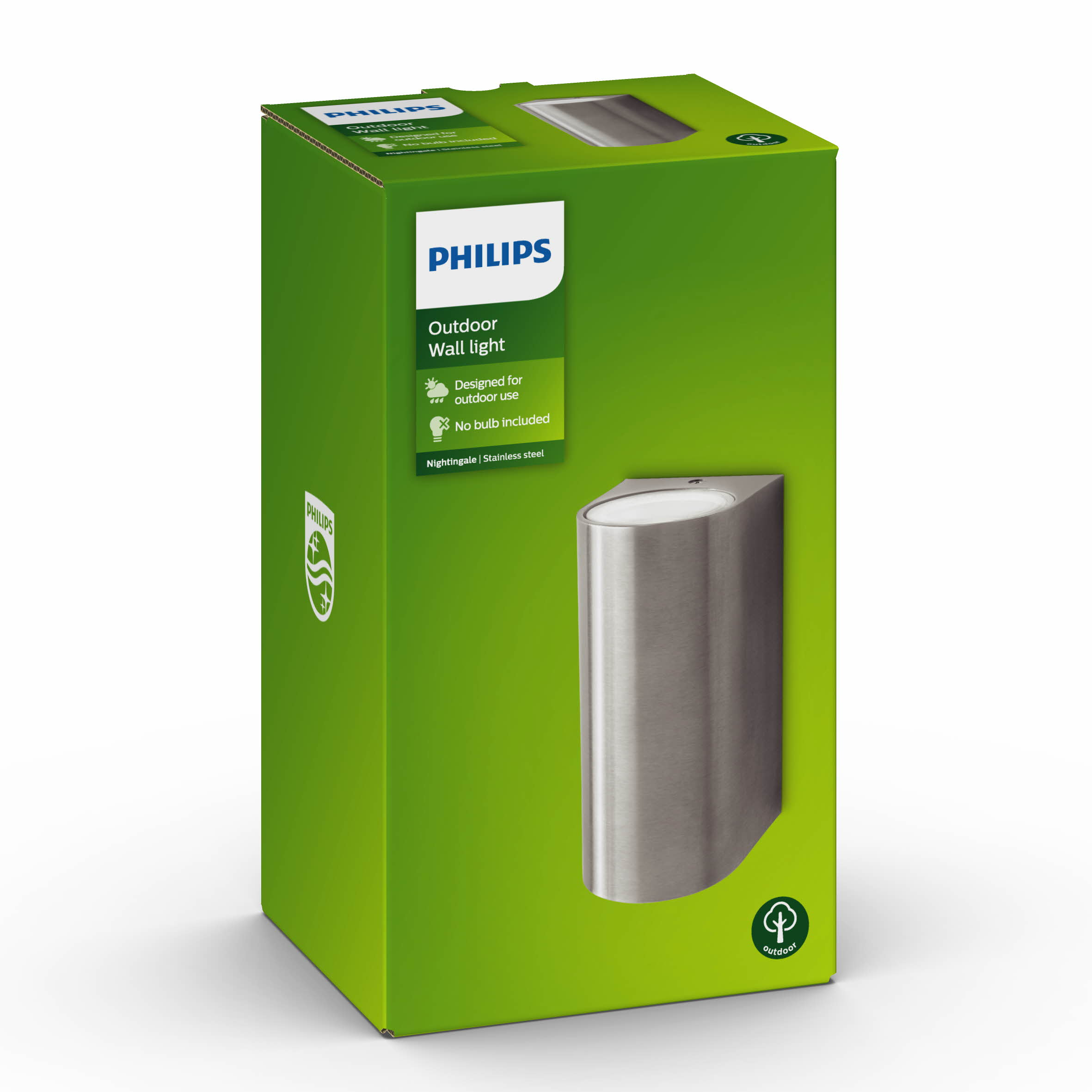 Eine grüne und weiße Philips Außenwandleuchtenbox. Sie hat eine silberne Leuchte.