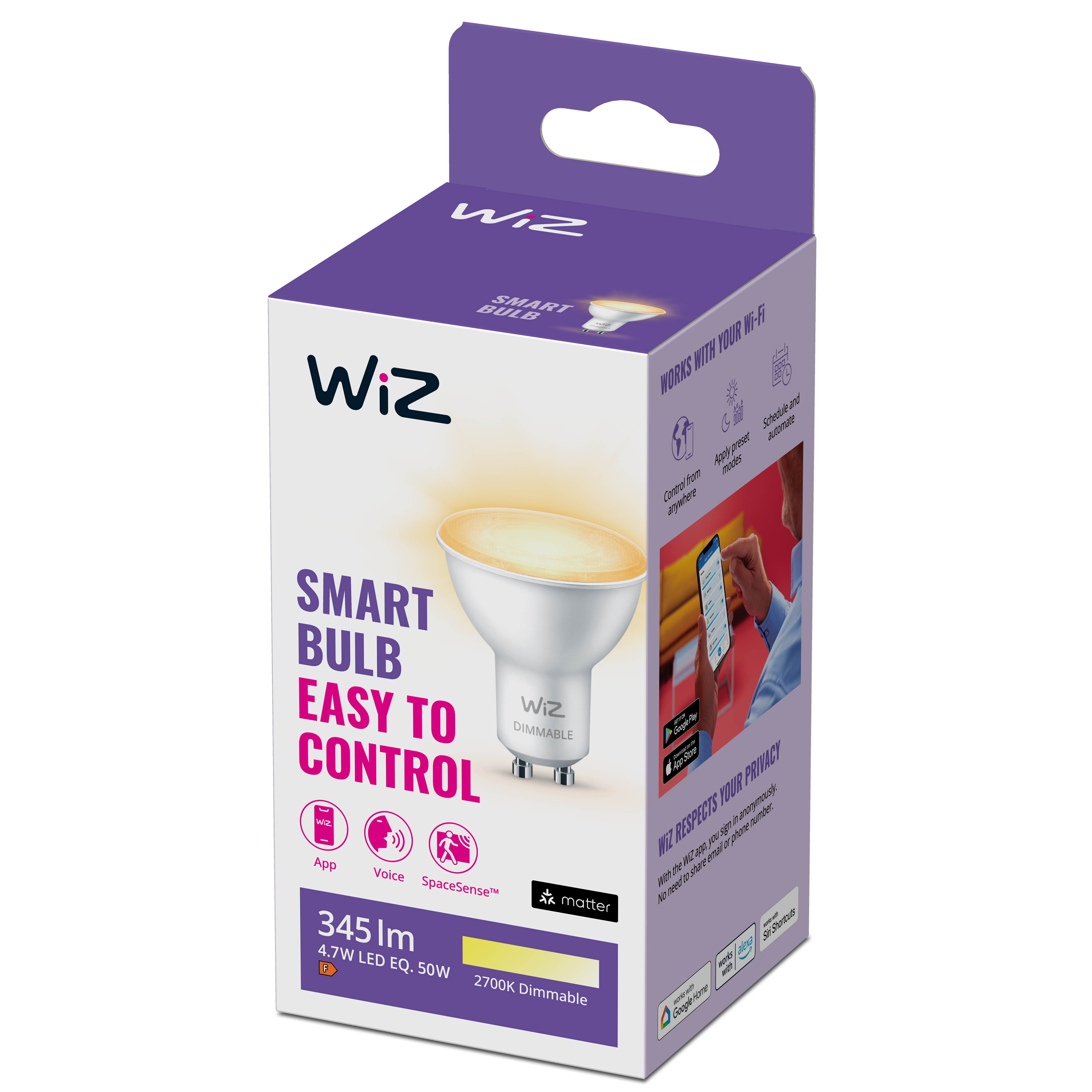 A WiZ smart bulb box, white with a light bulb illustration, and product details.