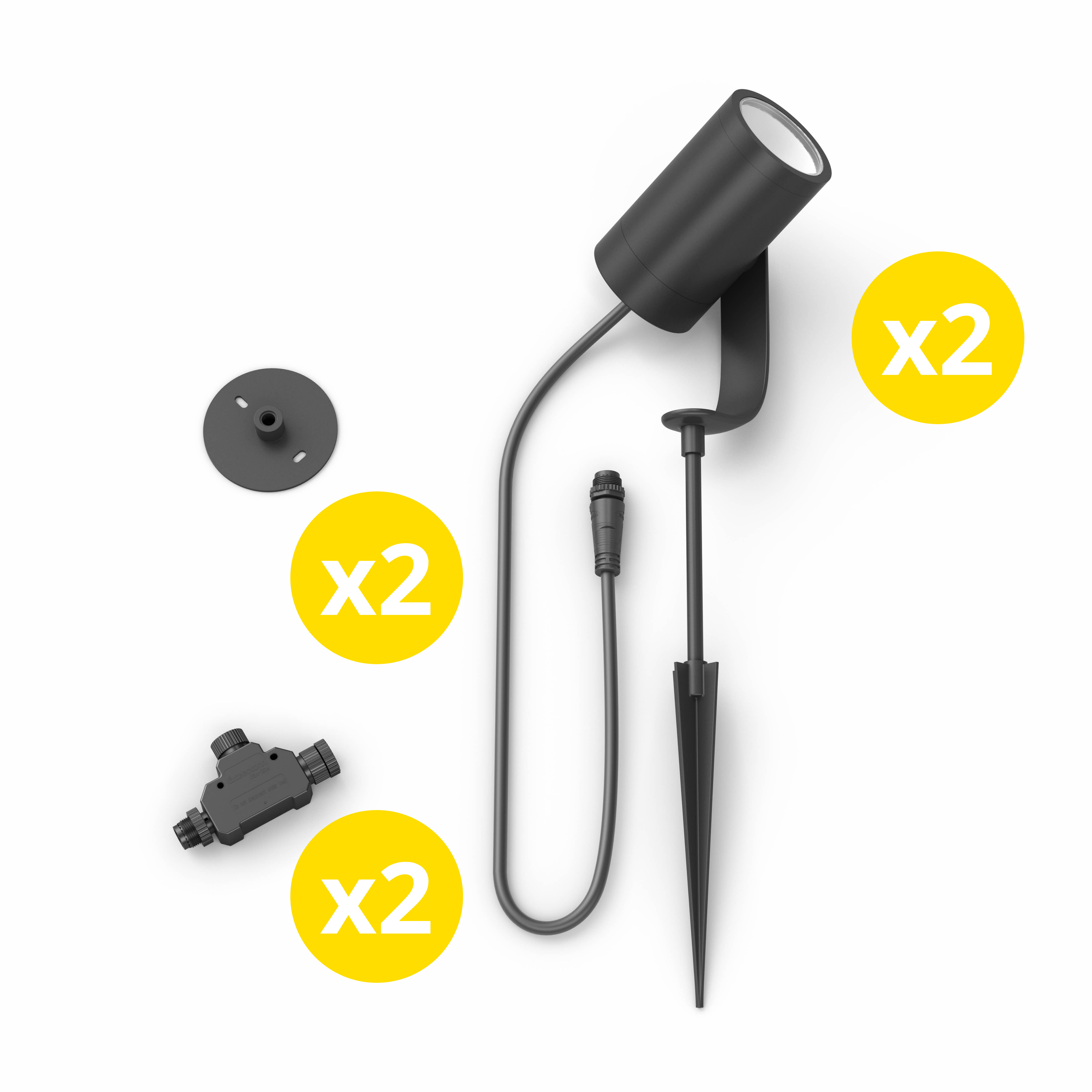 Onderdelen van een Philips buitenspot. Bevat de lamp, paal en connector.