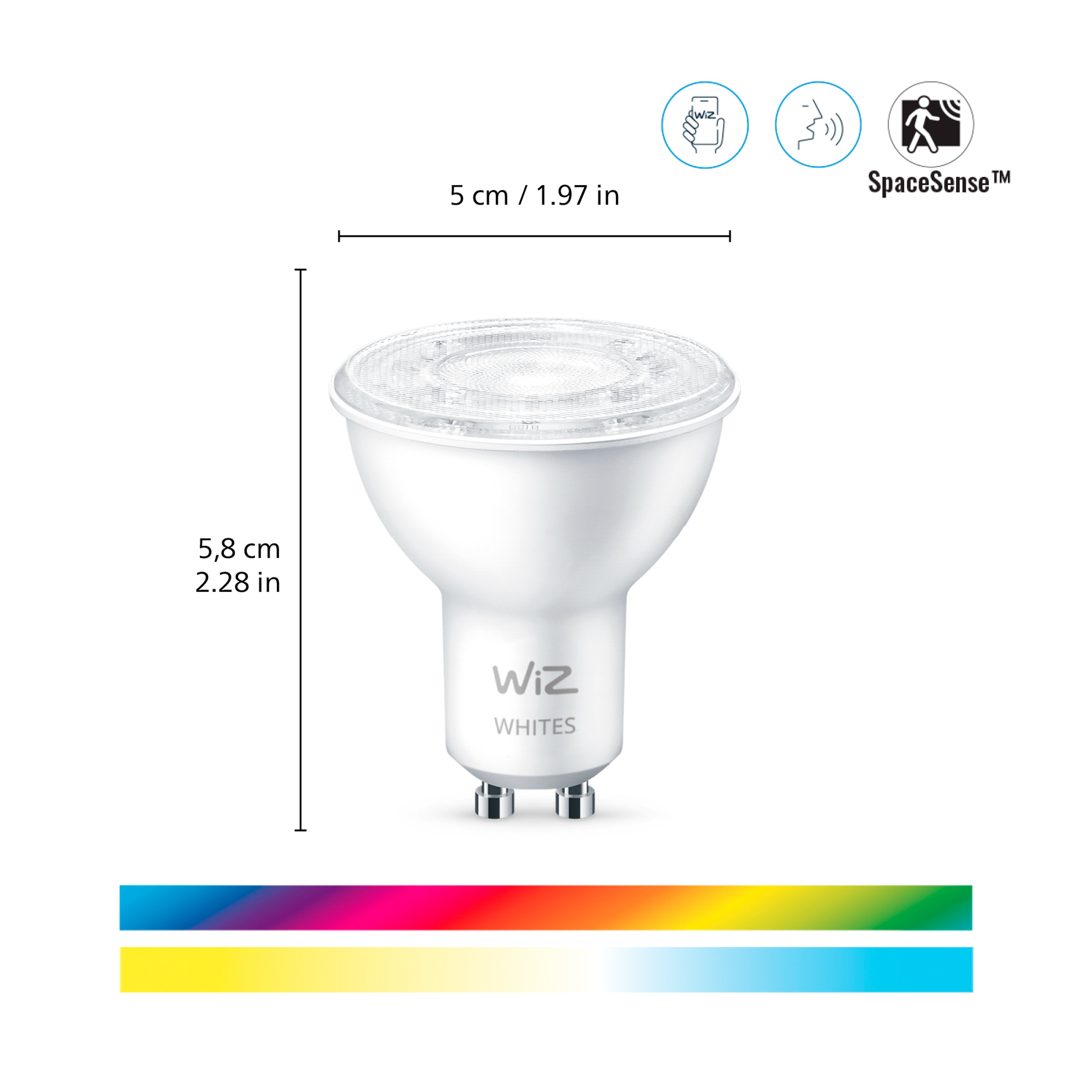 Eine Wiz Whites LED-Lampe mit Maßen und Funktionen wie SpaceSense und einem Farbspektrum.