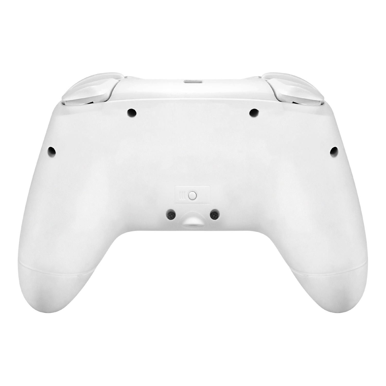 Die Rückseite eines weißen Gamepads mit Knöpfen und einem kleinen Knopf.
