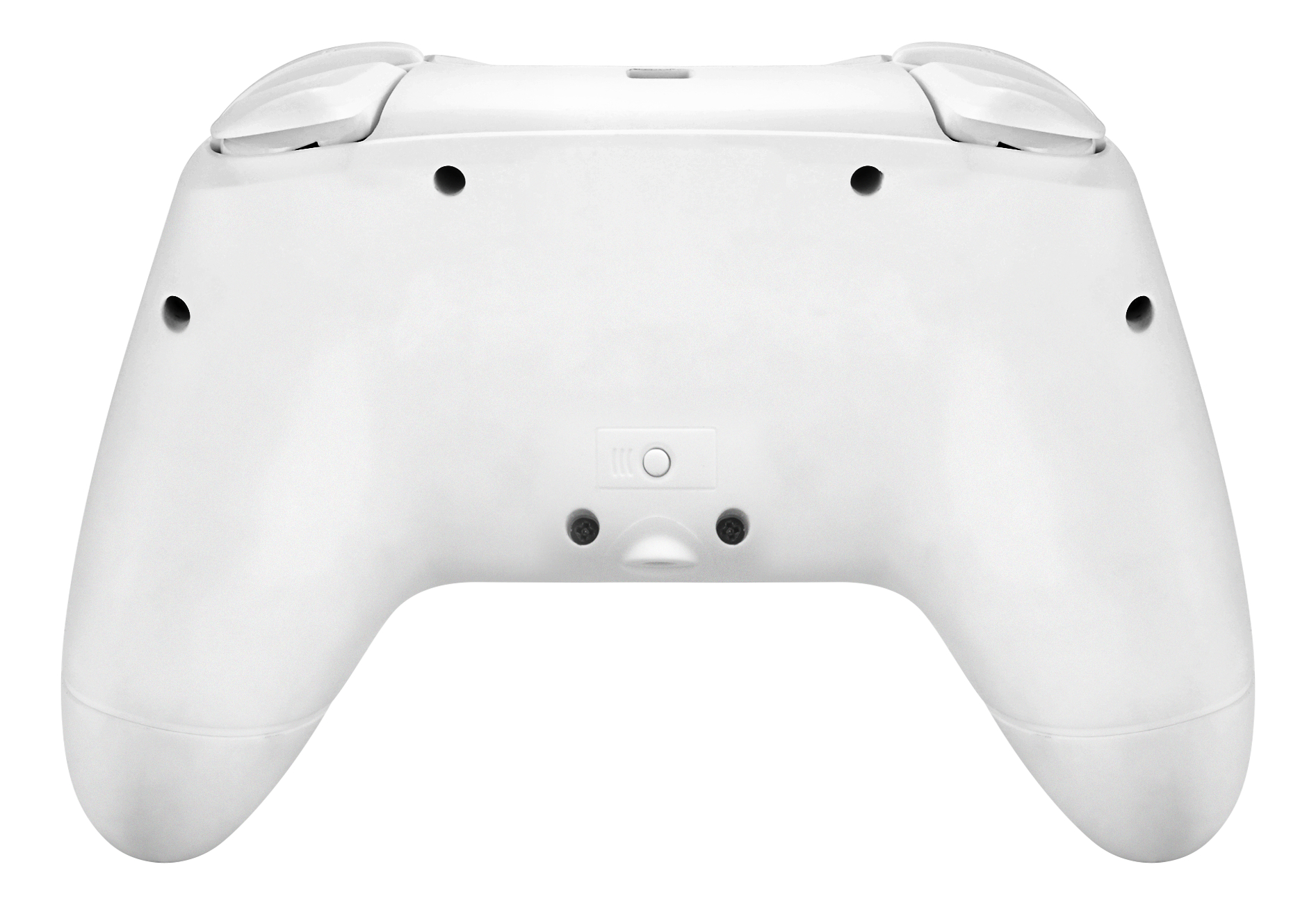 Weißer Gamecontroller. Rückansicht. Knöpfe und Designdetails sind sichtbar.
