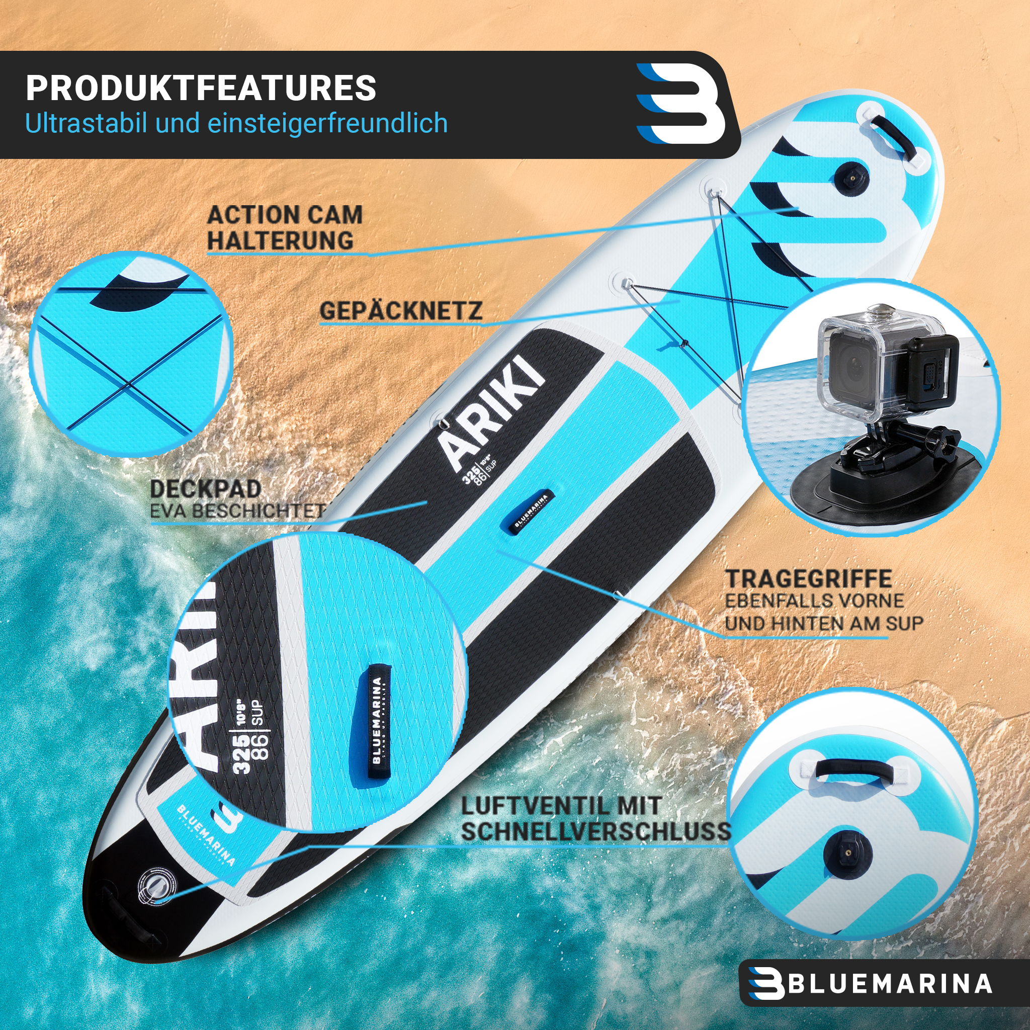 Ein blau-weißes Paddleboard mit Details: Action-Cam-Halter, Deckpad und Luftventil.