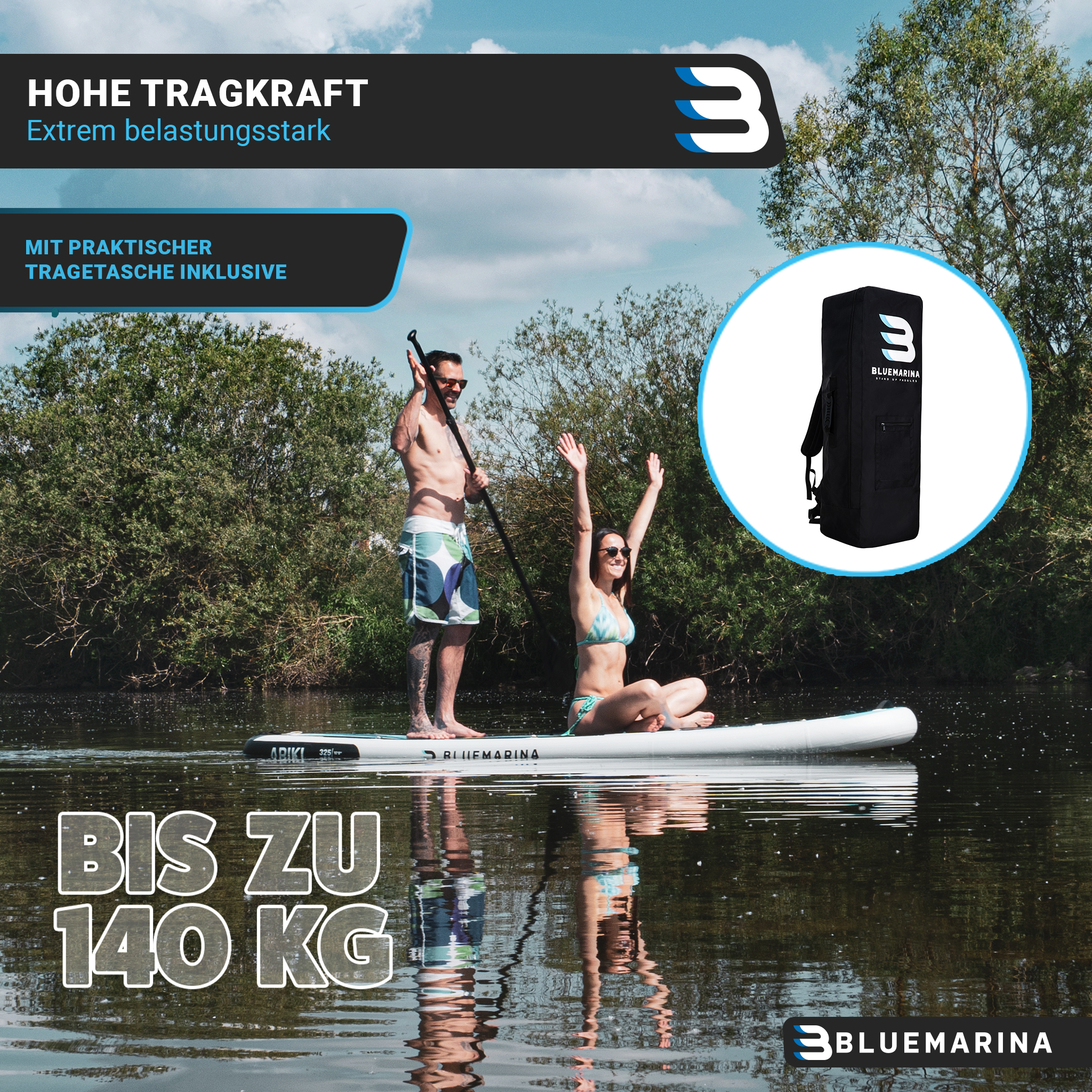 Personen auf einem Paddleboard auf einem See. Auf der rechten Seite befindet sich eine schwarze Tasche. Text auf dem Bild.
