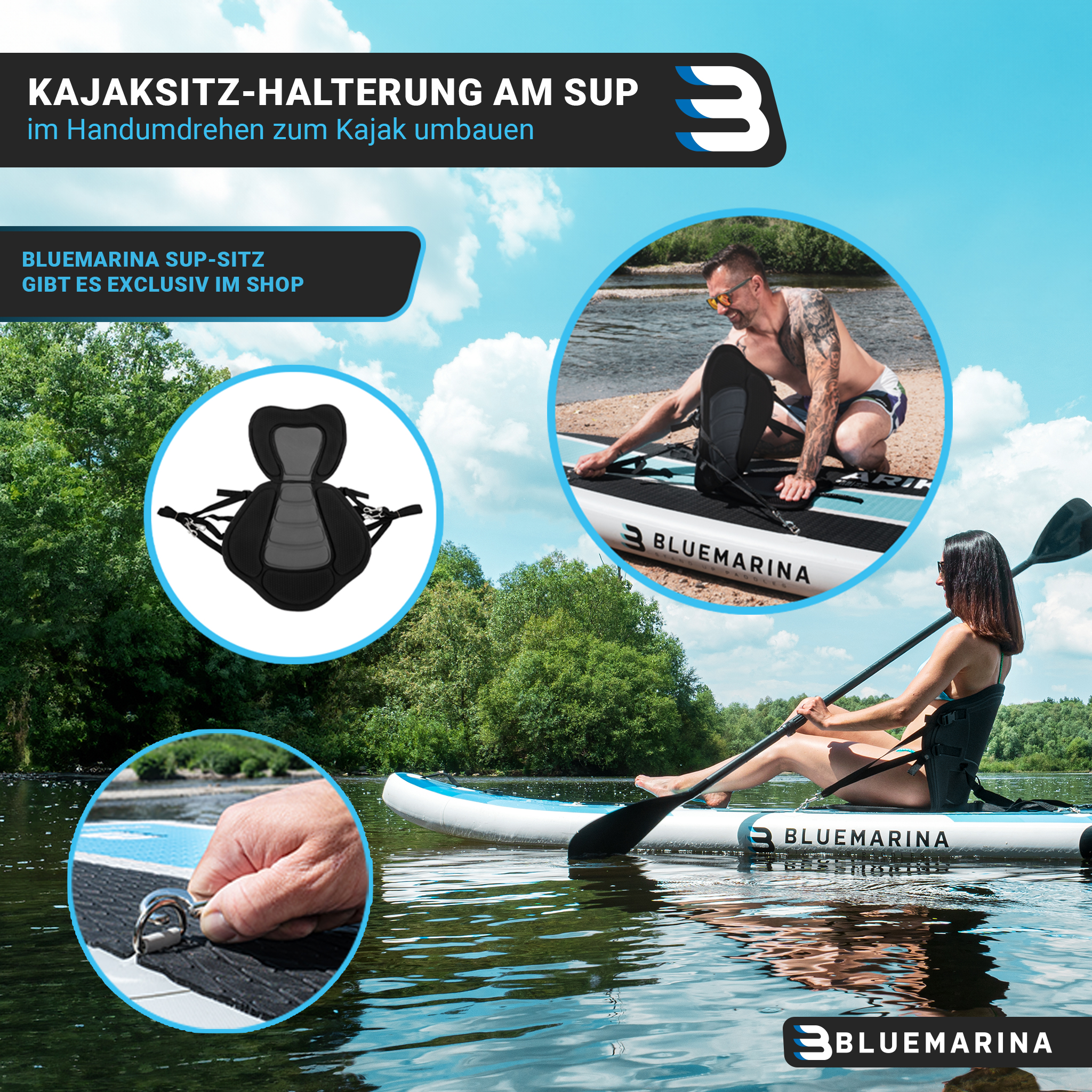 Eine Kajaksitz-Halterung auf einem SUP-Board, mit Personen und Wasser im Hintergrund.