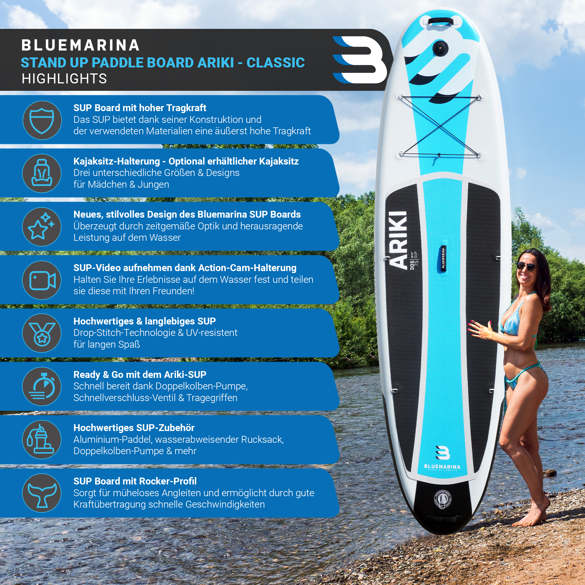 Ein Stand-Up-Paddle-Board am Strand. Eine Frau im Bikini steht in der Nähe des Boards.