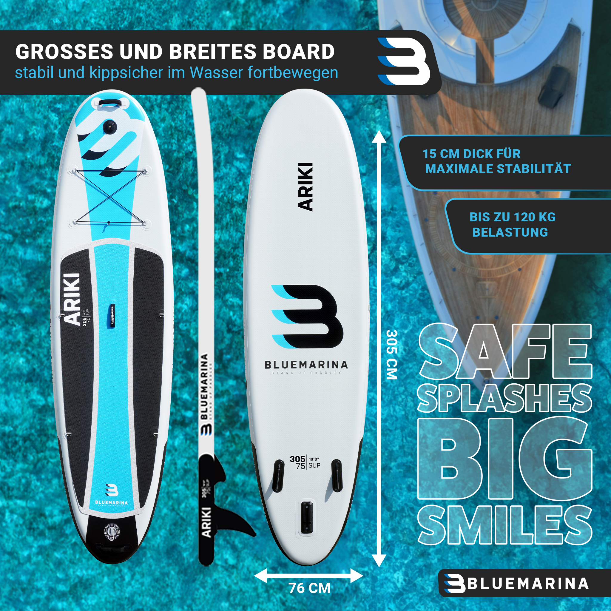 Stand-Up Paddleboard mit blau-weißem Design. Ein Paddel und eine Finne sind ebenfalls abgebildet.