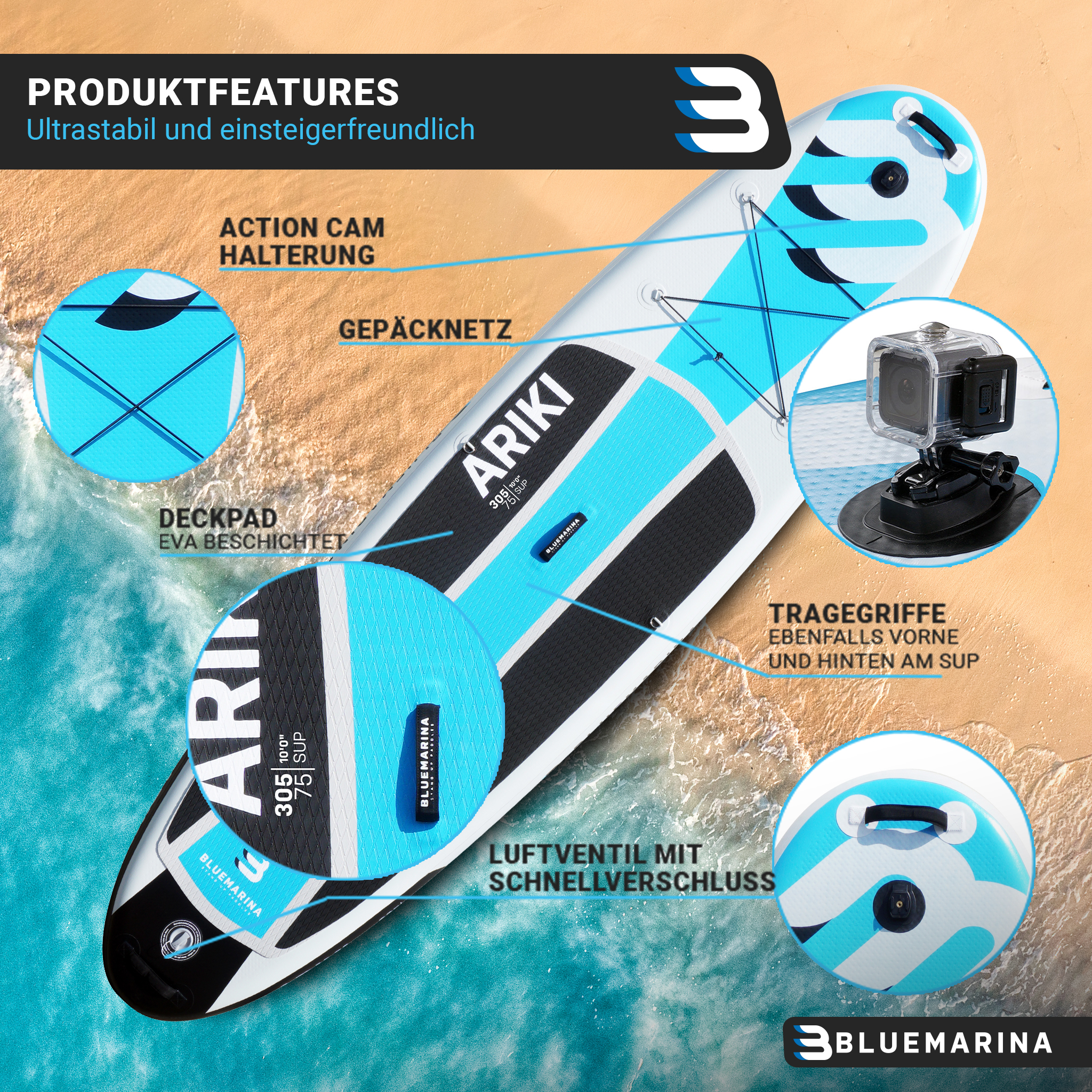 Ein Stand-Up-Paddleboard mit blau-weißem Design und Action-Cam-Halterung.
