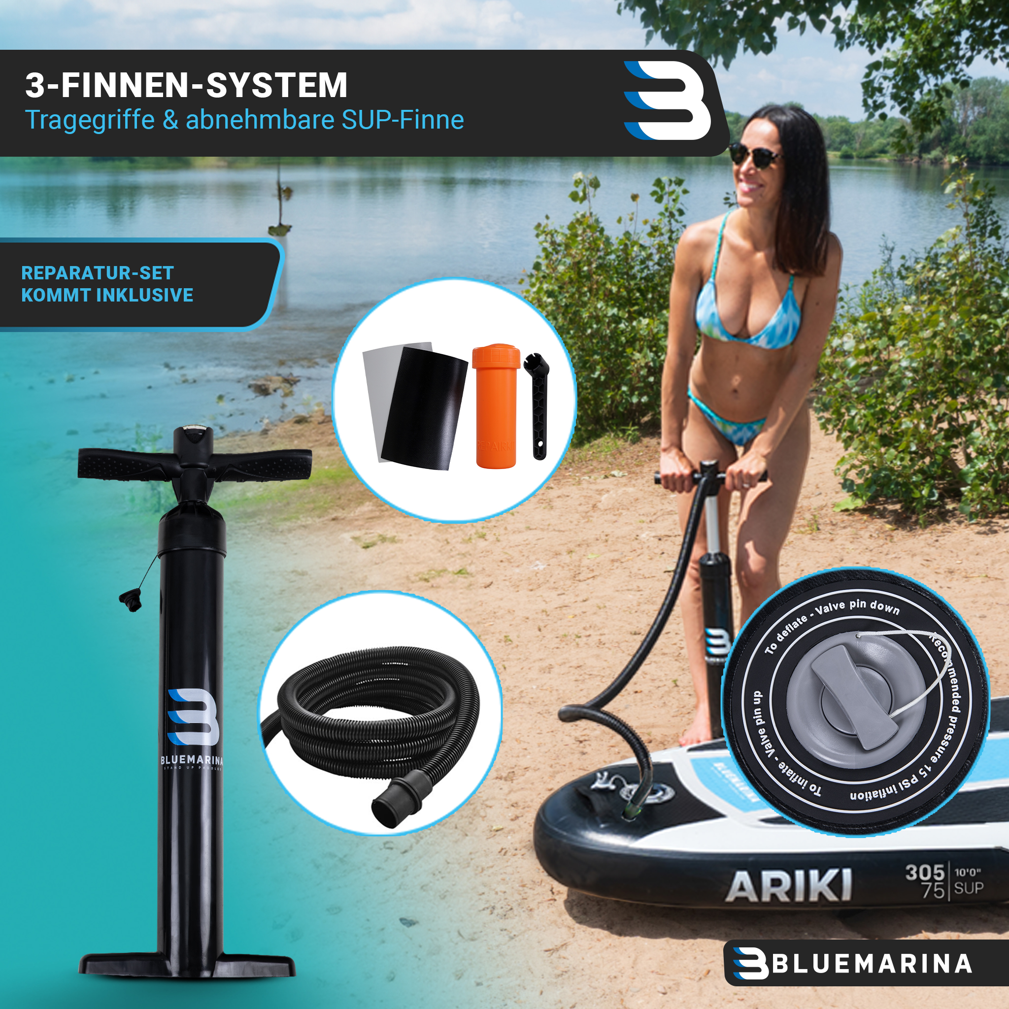 Frau im blauen Bikini, Paddleboard, Pumpe und Reparaturset am See.