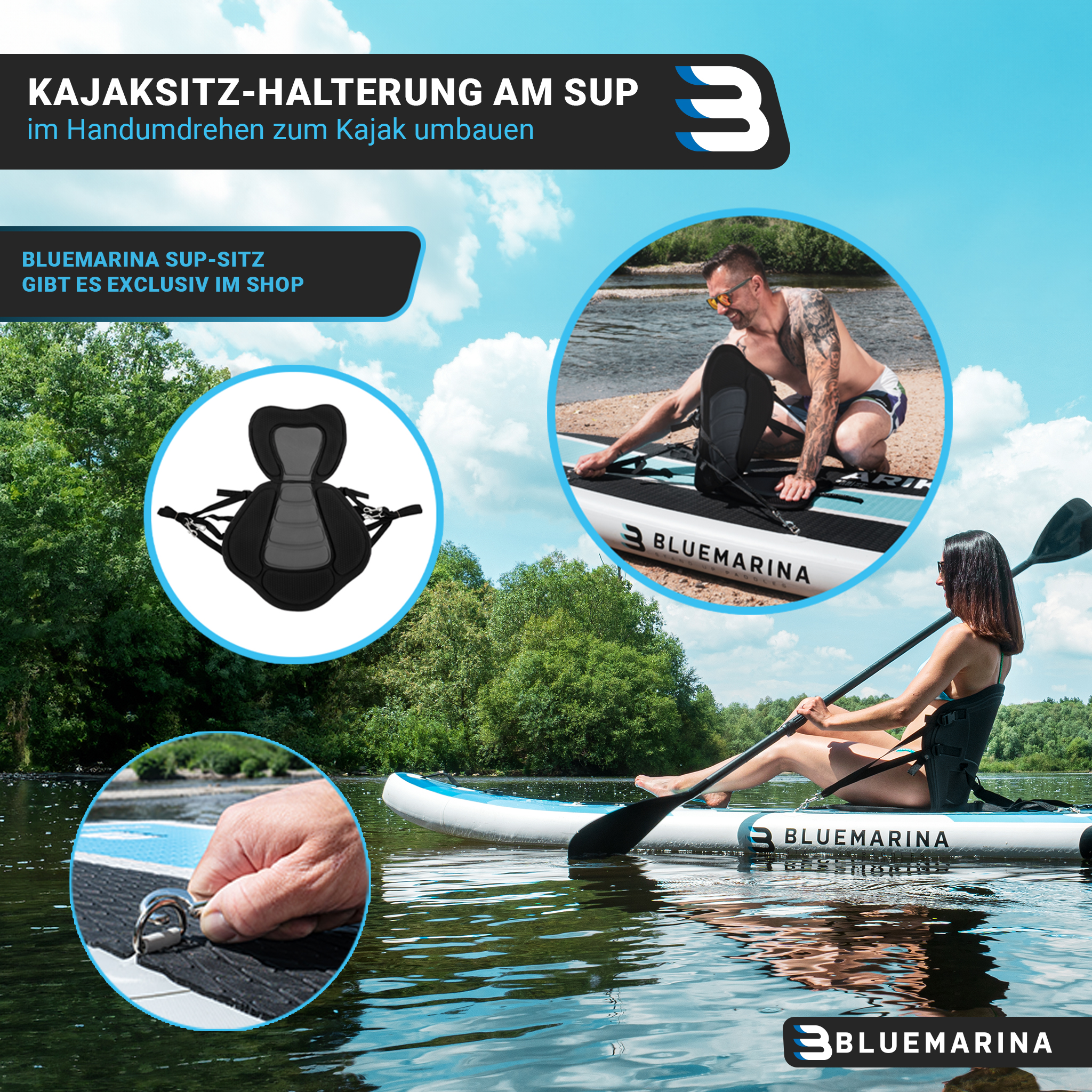 Kajak-Setup mit Kajaksitz, einem Mann und einer Frau auf dem Wasser. Bluemarina-Logo.