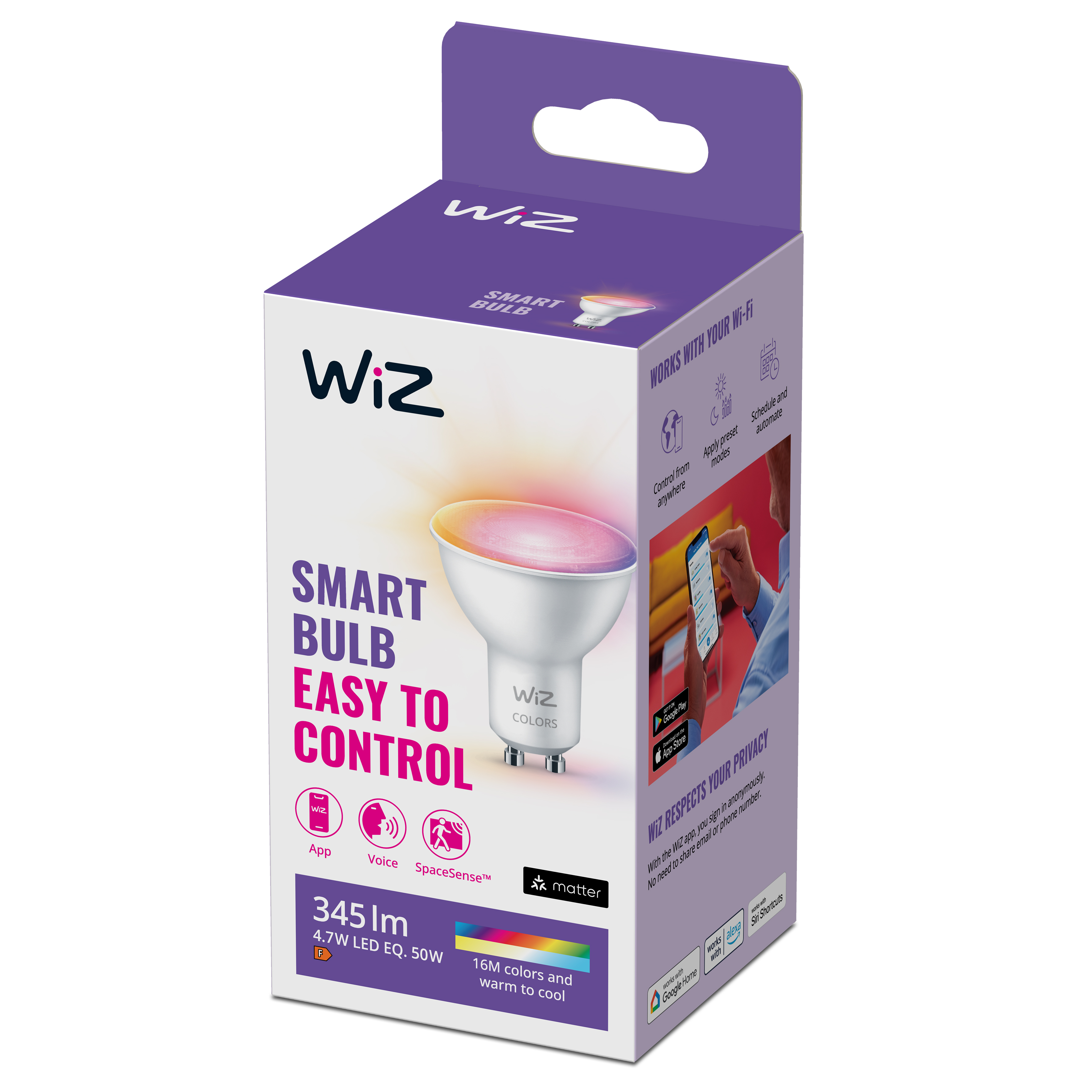 Wiz Smart Bulb Box, mit farbenfroher Lichtillustration.