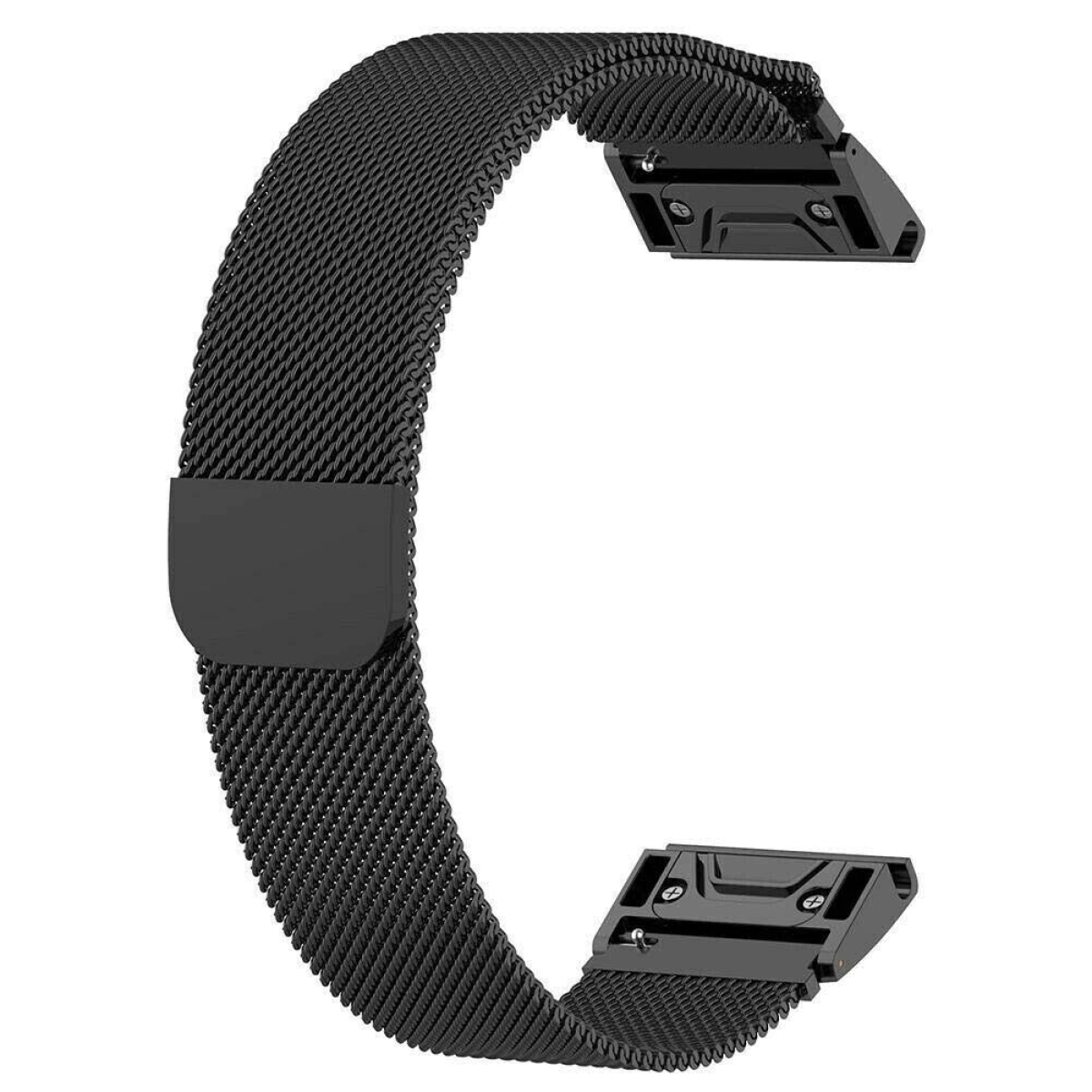 Ein schwarzes Uhrenarmband aus Edelstahl. Es hat ein Mesh-Design mit einem Magnetverschluss.