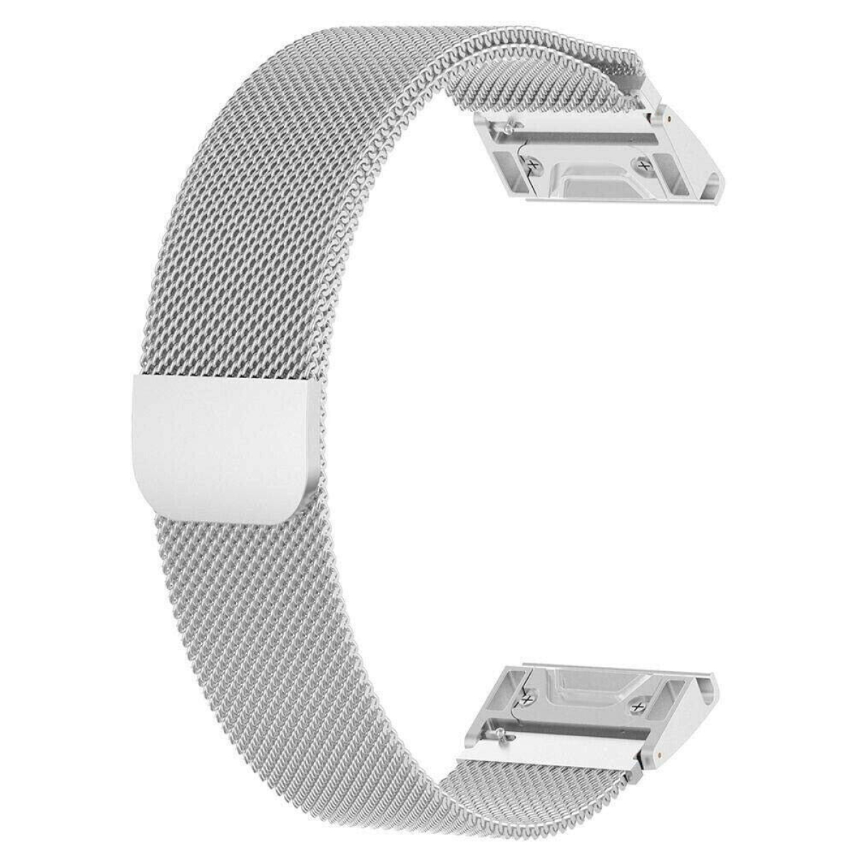 Silbernes, gewebtes Metall-Uhrenarmband mit Magnetverschluss, C-förmig gebogen.
