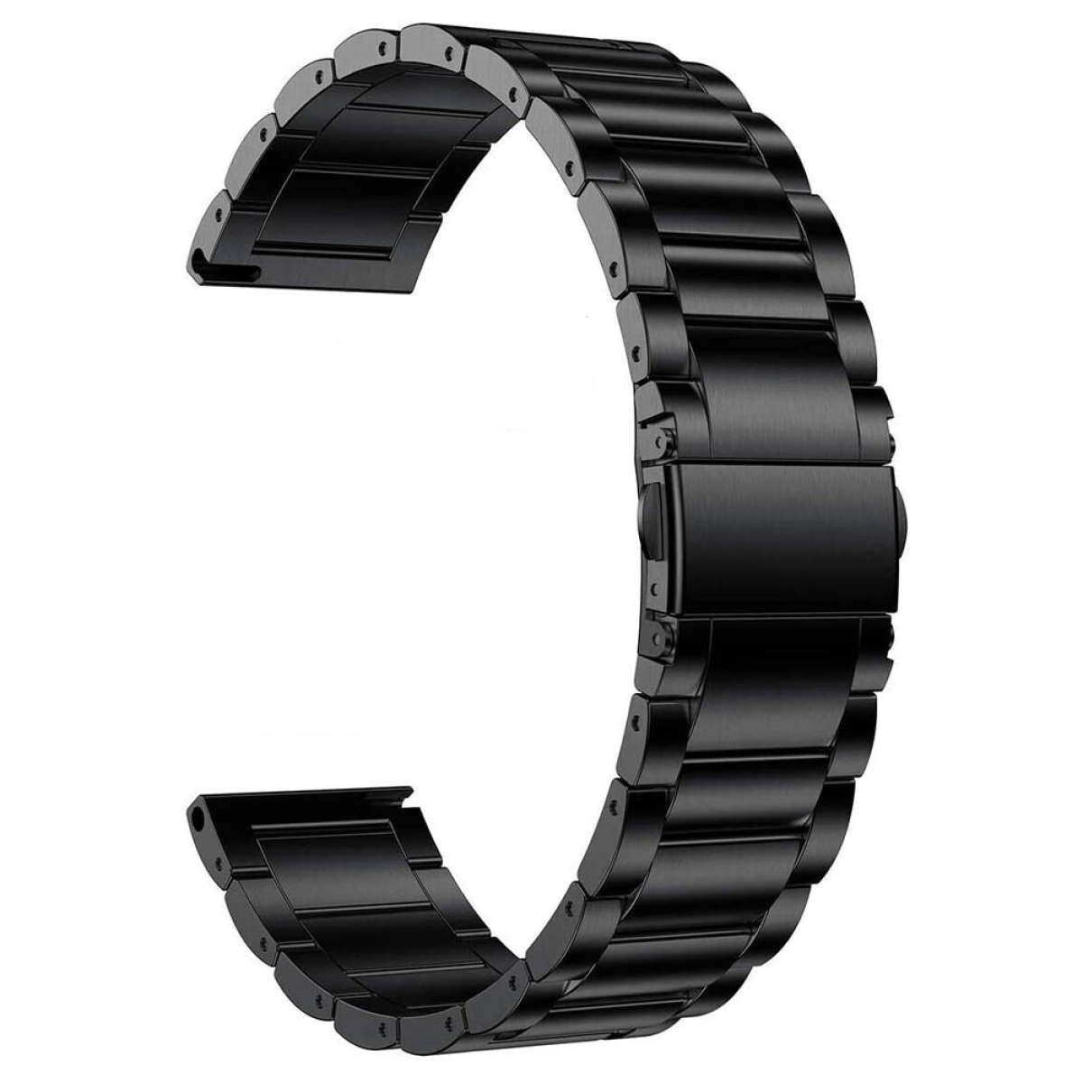 Schwarzes Uhrenarmband aus verbundenen Metallteilen. Das Band ist gebogen und wirkt stark.